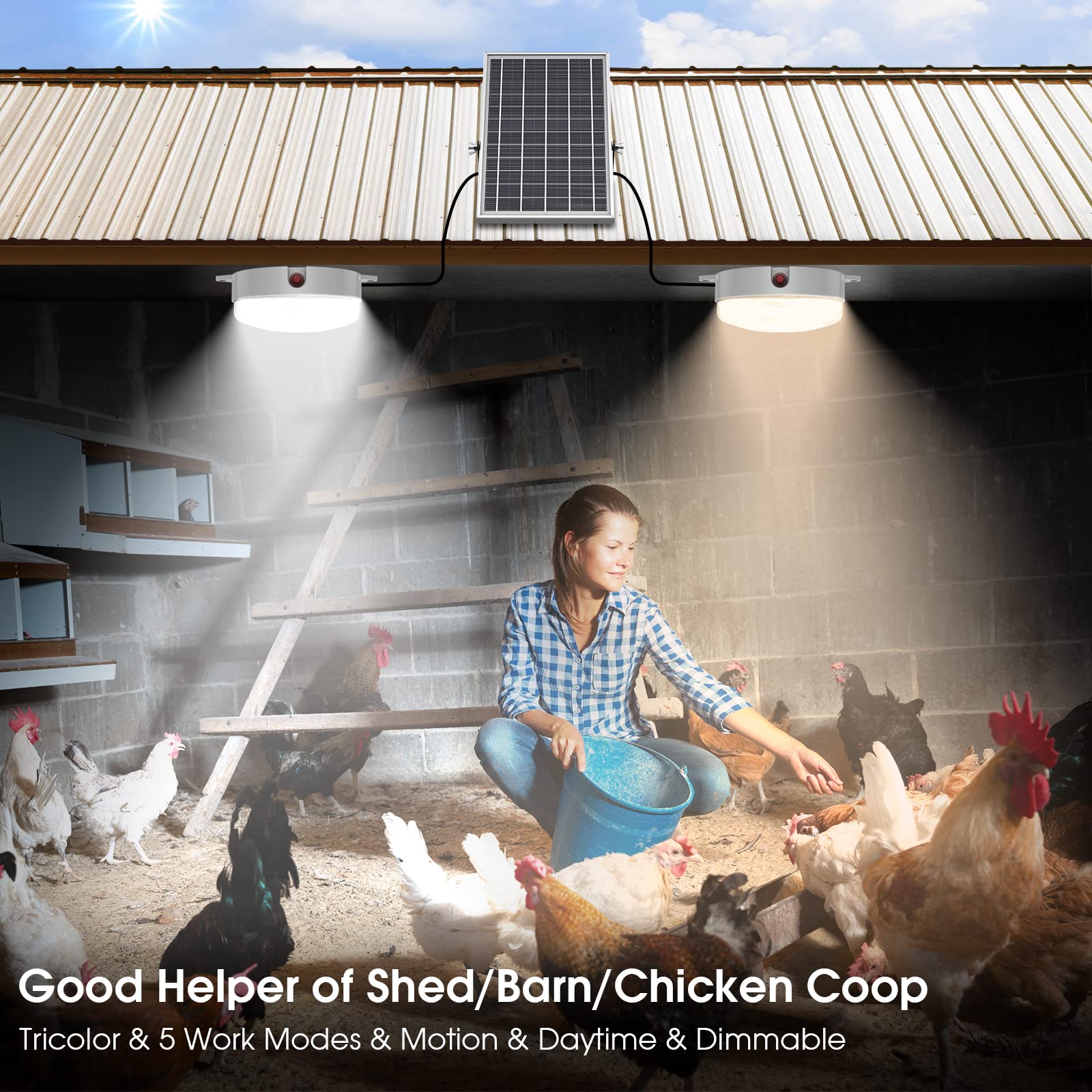 Sunbonar Solar Ceiling Light Motion Sensor 2 Pack, 5 Modes 3200K/4000K/6000K Dimmable Daytime Available Solar Shed Lights With O