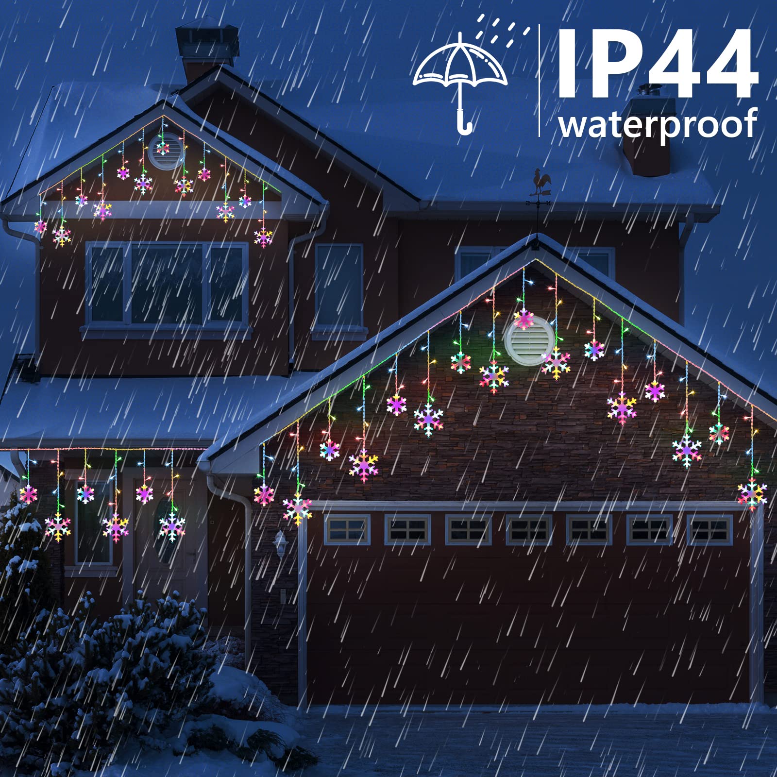 Jnaurb Christmas Snowflake Lights, 10.66ft 168 LED Icicle Lights, Waterproof Multicolor, 8 Modes for Outdoor/Indoor Decor, Model JT-ELFC300V020