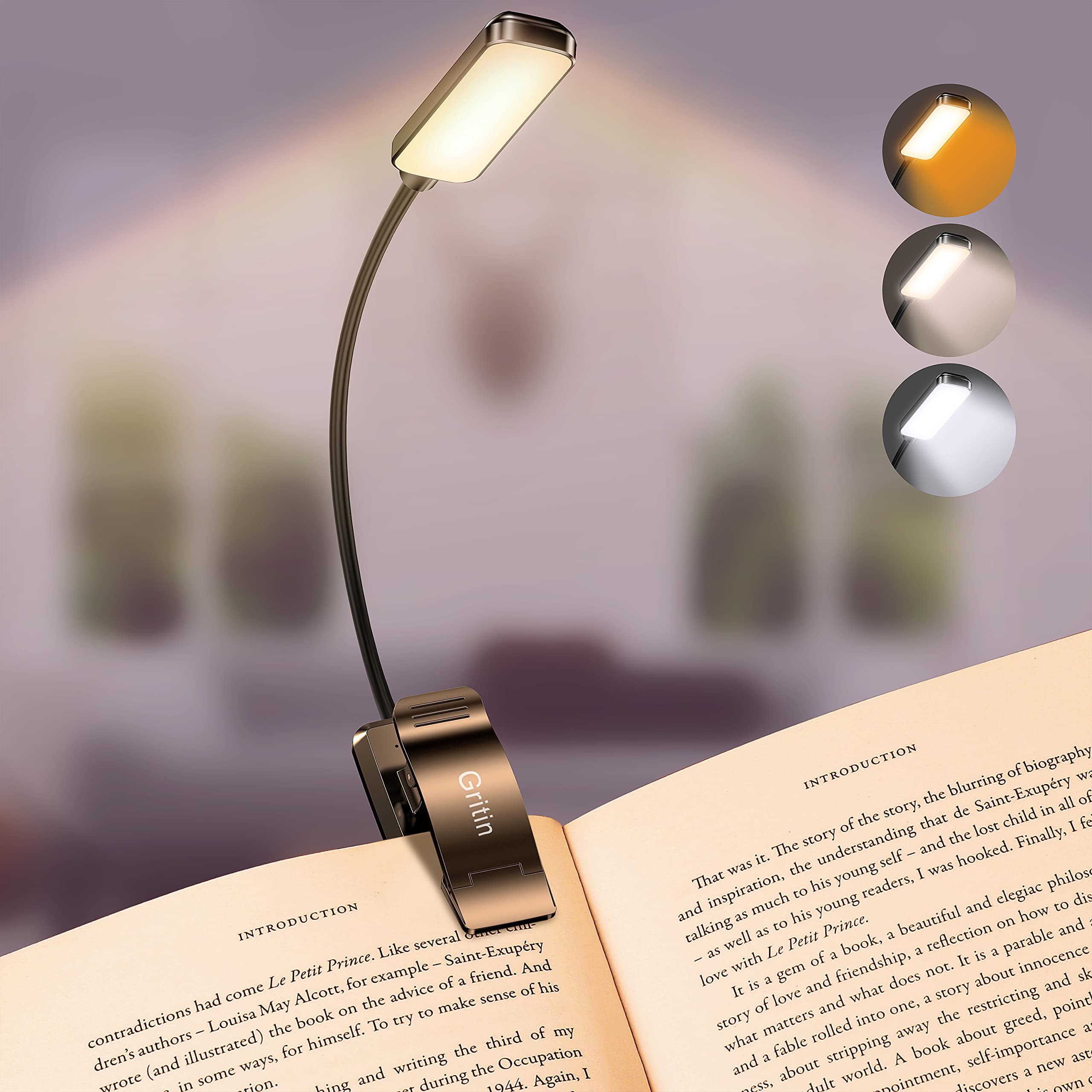 Gritin 9 Led Rechargeable Book Light - Eye Care, 3 Color Temps, 80 Hrs Runtime, Clip-On