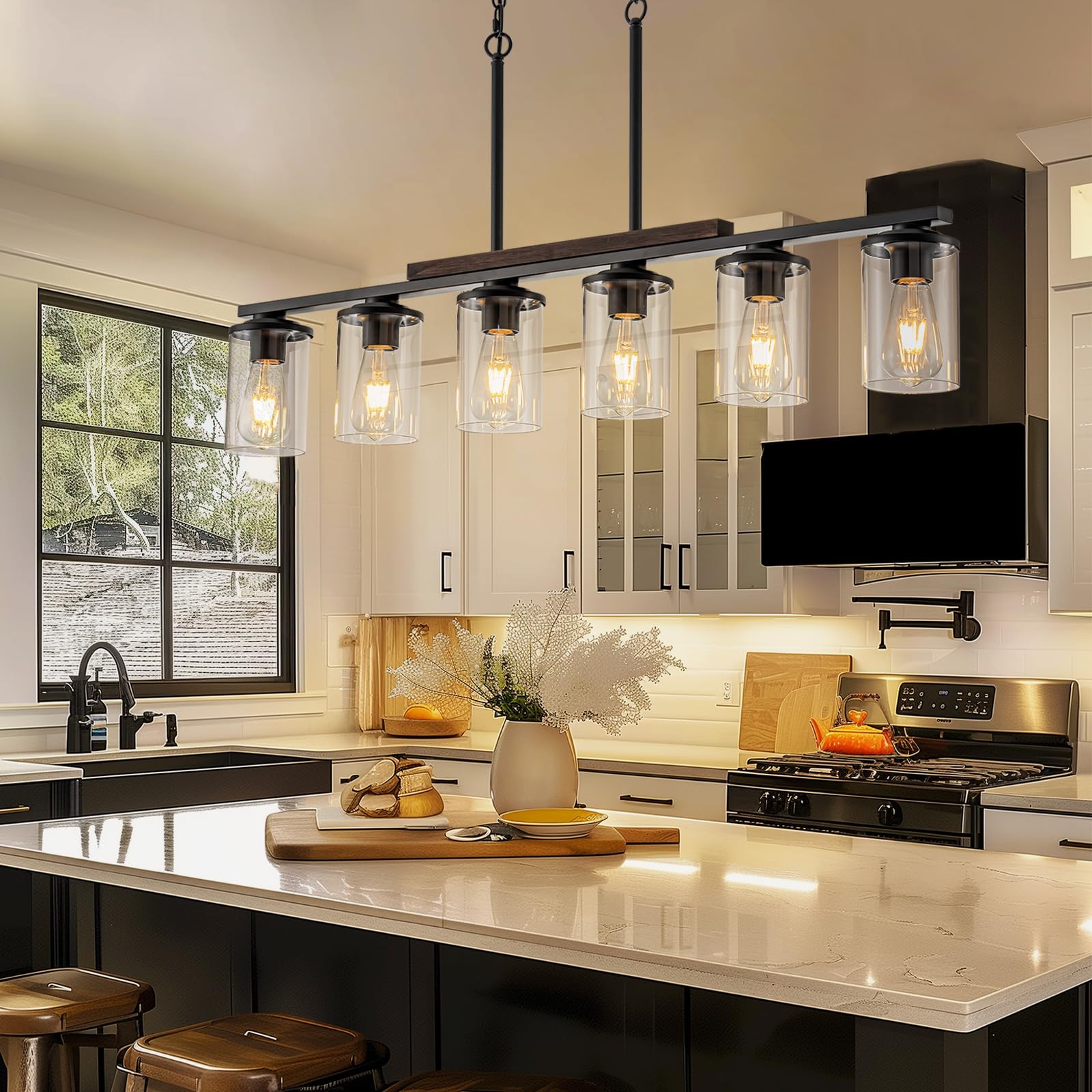 Alynzee Farmhouse Dining Room Light Fixture, 6-Light Kitchen Island Lighting Black And Rustic Wood Chandelier Over Table Adjusta