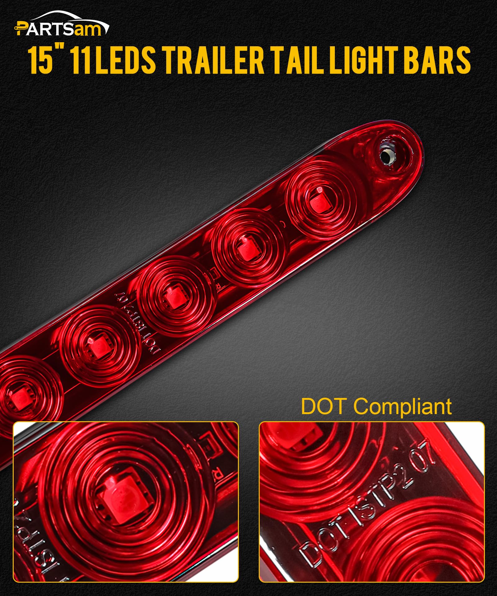 Partsam 4Pcs Red 15'' Inch Sealed 11 Led Third Brake Light Bar Stop Turn Signal Tail 3Rd Brake Light Id Bar Truck Trailer Rv Cam