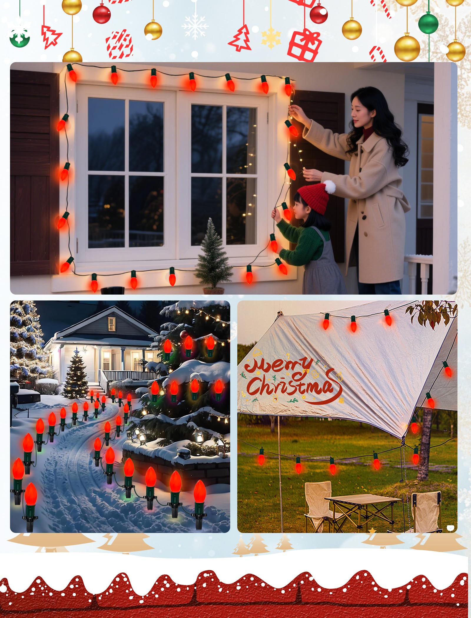 Led C9 Red Christmas Lights Outdoor  25Ft C9 Led Outdoor String Lights With 26 Shatterproof Red Bulbs  Waterproof Vintage Christmas Lights For Indoor Holiday Tree Roofline Patio Party Garden Decor