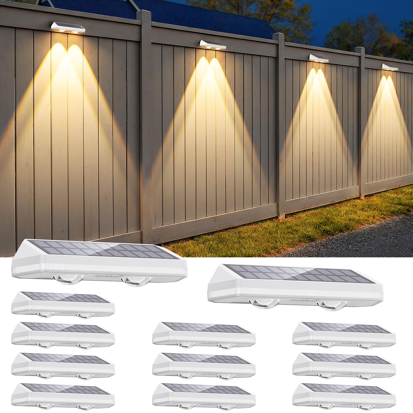 Solar Fence Lights Outdoor ,3000/4500/6000K 13 Mode, 12 Pack Fence Lights Solar Powered with Ultra-Bright Lens IP65 Waterproof,S