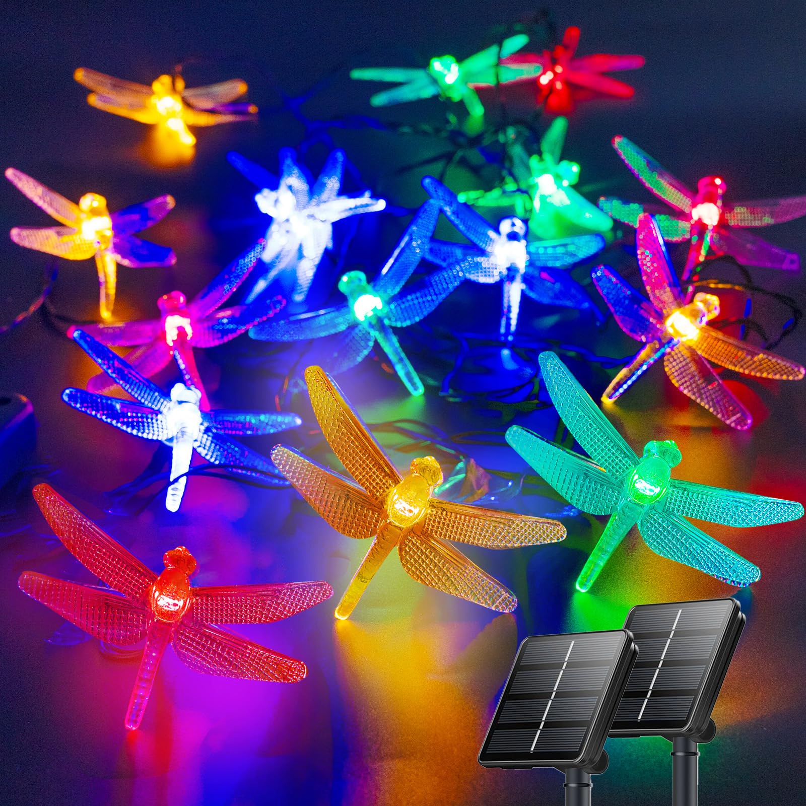 OZS Dragonfly Solar Lights 2PK 40LED 50FT Multicolor Waterproof Fairy Lights for Garden Decor, Patio, Pathway