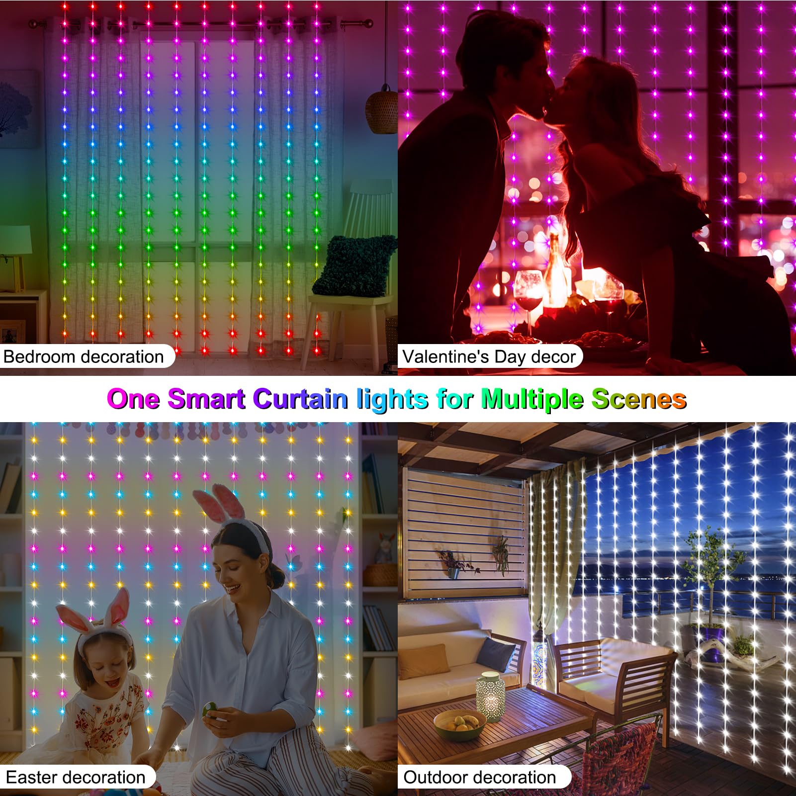 Echosari Smart Curtain Lights 5050 Rgb Built In Chip, 300 Led 16 Million Colors Diy Curtain Lights With Remote/App Rainbow Curta