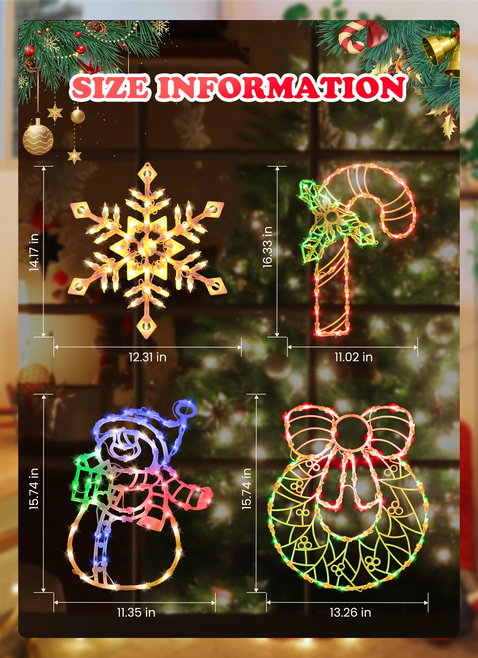 4 Pack Christmas Window Silhouette Lights Decorations, Lighted Wreath, Candy Cane, Snowflakes, and Snow Man Christmas Window Lig