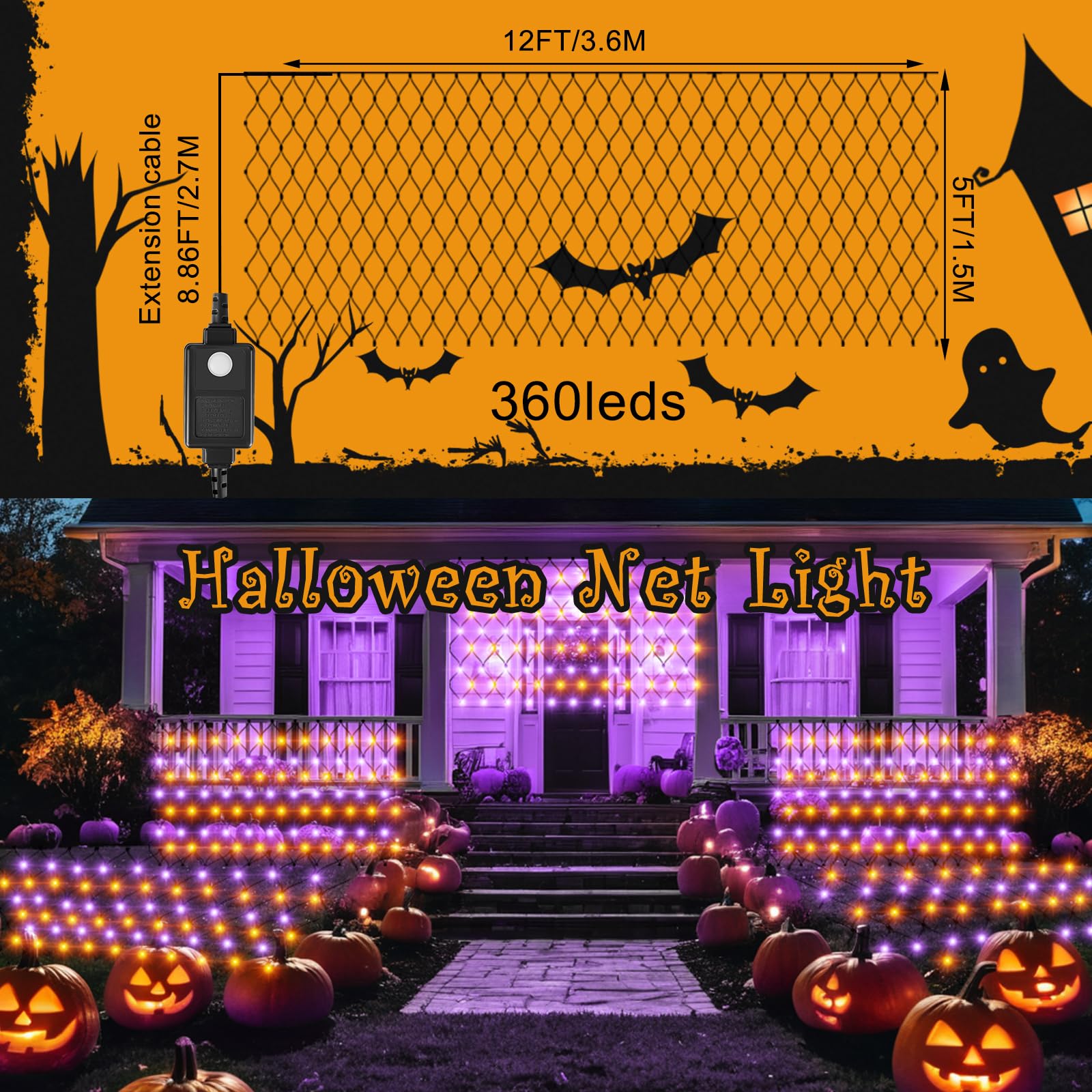 HYH Halloween Net Lights,360 LED 12FT x 5FT Halloween Decor Fairy Orange&Purple with 8 Modes String Connectable Waterproof Outdo
