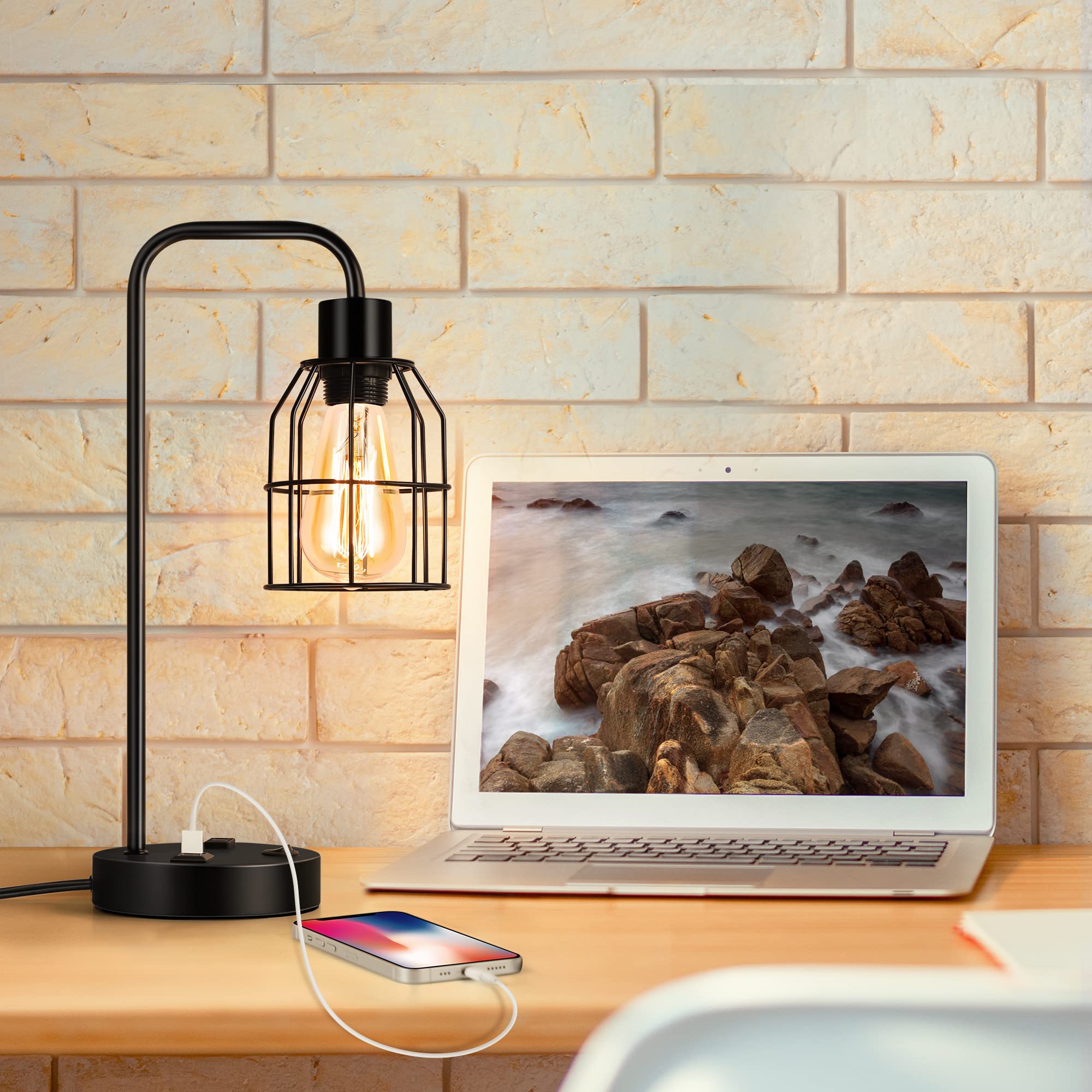 BTY Industrial Table Lamp Set of 2 with USB Charging Ports, Metal Wire Cage, Black, CAGE 3, for Bedroom Living Room
