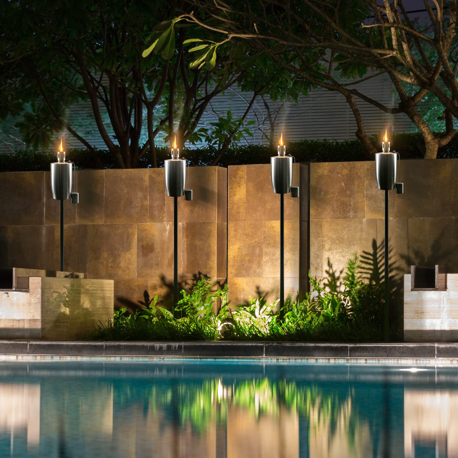 Matney Stainless Steel Outdoor Torches - 5 Ft Tall - Decorative Garden & Yard Lights - Oil Lamp For Citronella - Fiberglass Wick & Snuffer Cap - Set Of 2 (Cylinder)