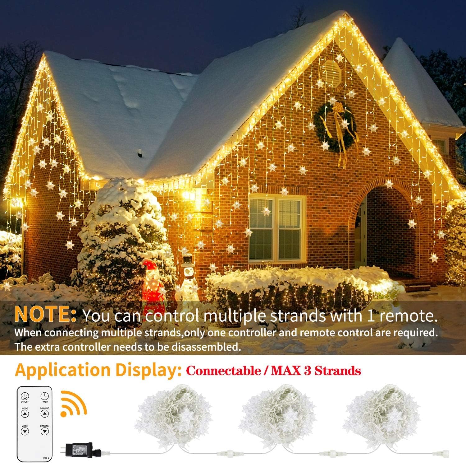 YMing Snowflake Icicle Lights 40ft, 360 LED Multi-Color & Warm White, Waterproof with Remote Control, Model YG-CL02M100L02