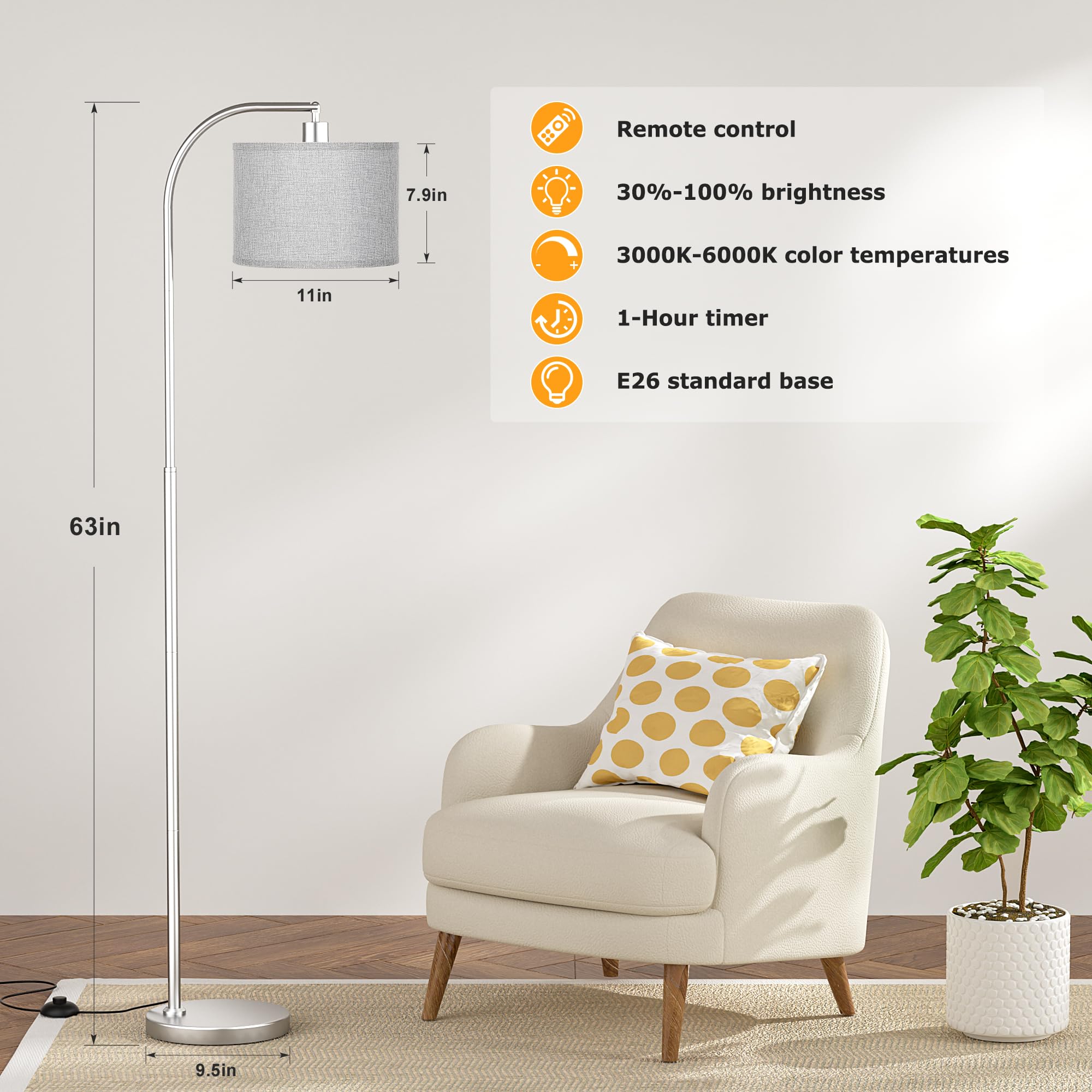 Ambimall Arc Floor Lamp With Remote And Stepless Dimmable Bulb, Colors Temperature & Brightness Adjustable, Silver Floor Lamps F