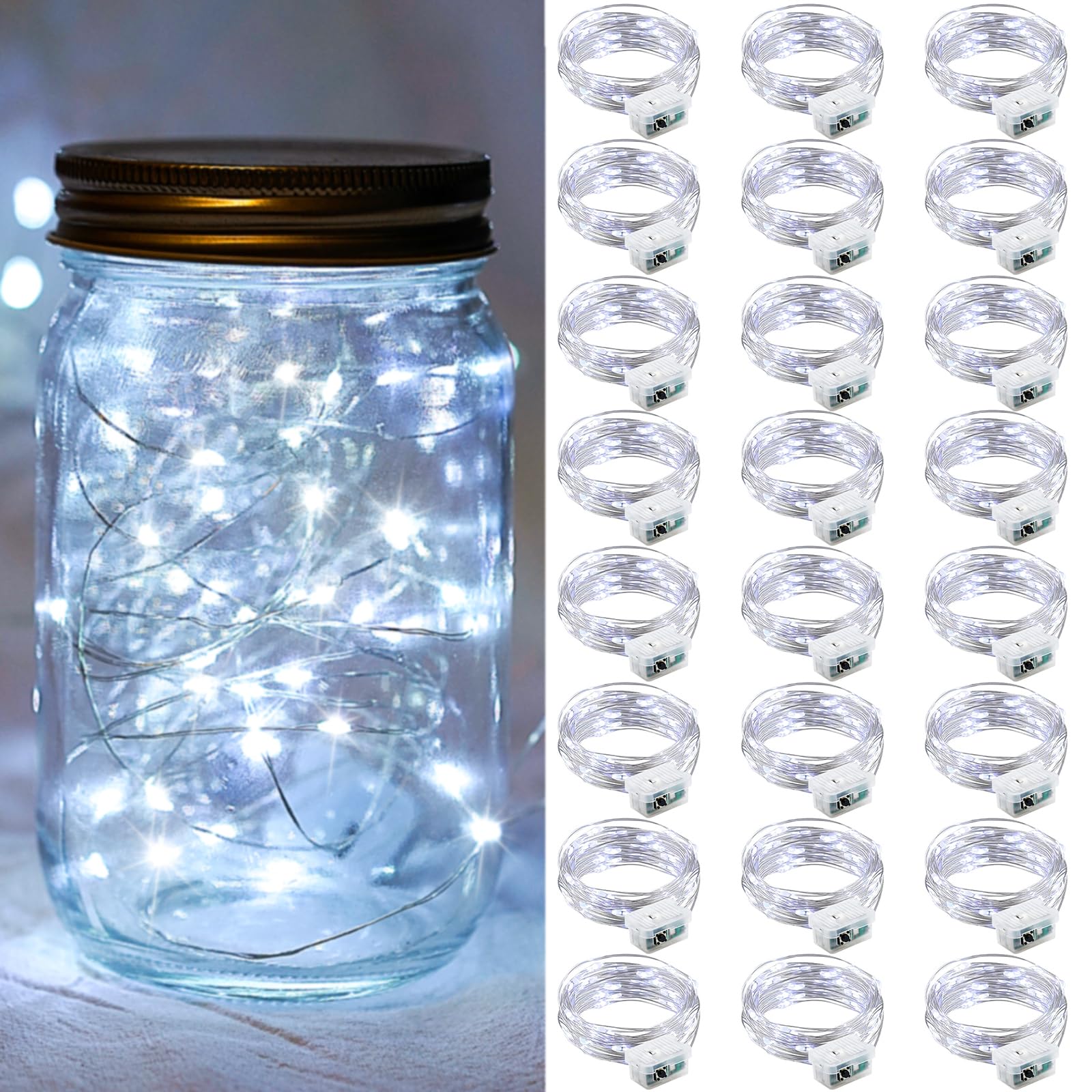 chzk 24 Pack Twinkle String Lights Battery Operated 20 LED 7Ft Cold White Waterproof Firefly Lights for Party Christmas Valentines Day