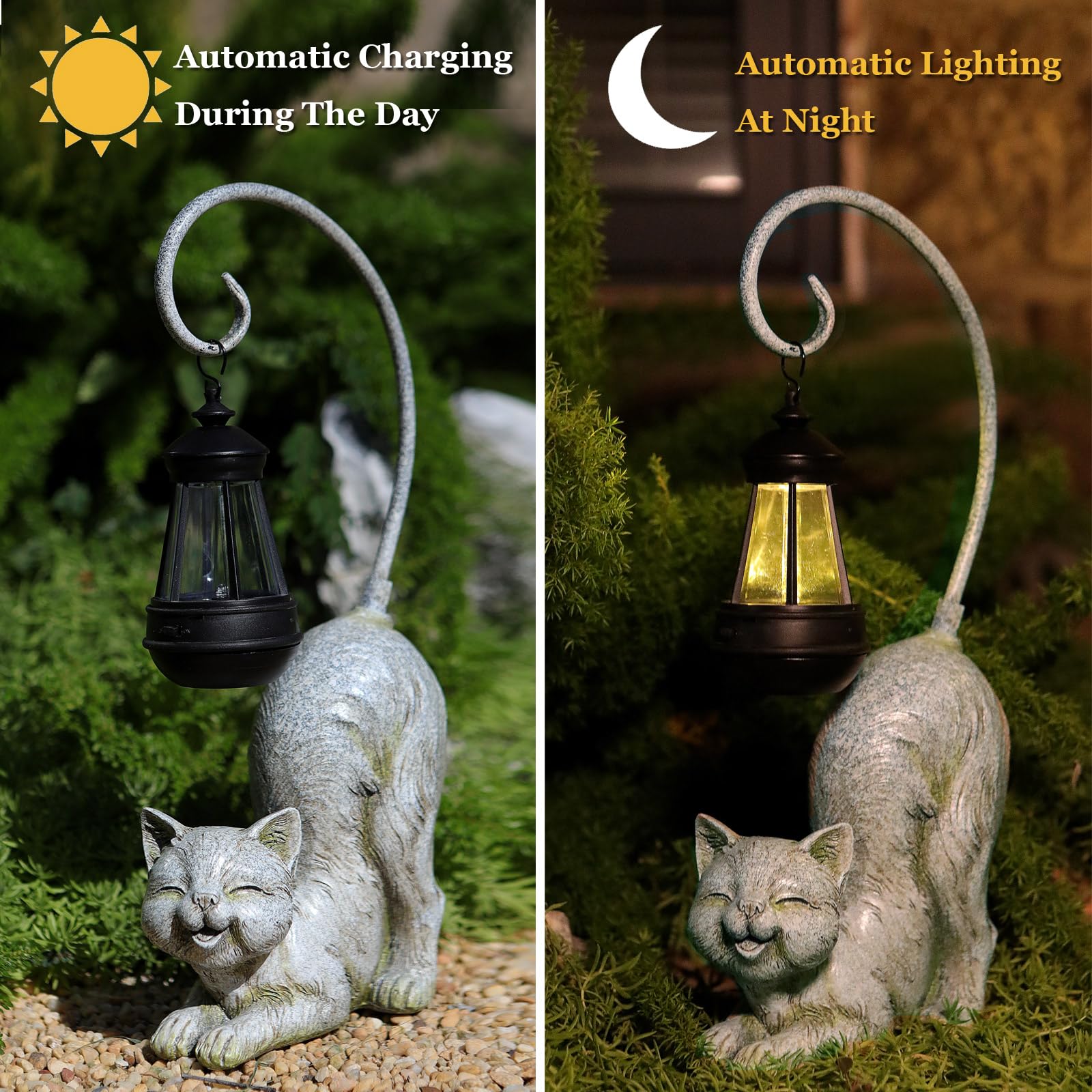 Hapyard Laughing Cat Figurine With Solar-Powered Led Light, 15.7 Inches Tall Marble, Perfect For Gift Garden Decor Or Housewarming For Cat Lovers.