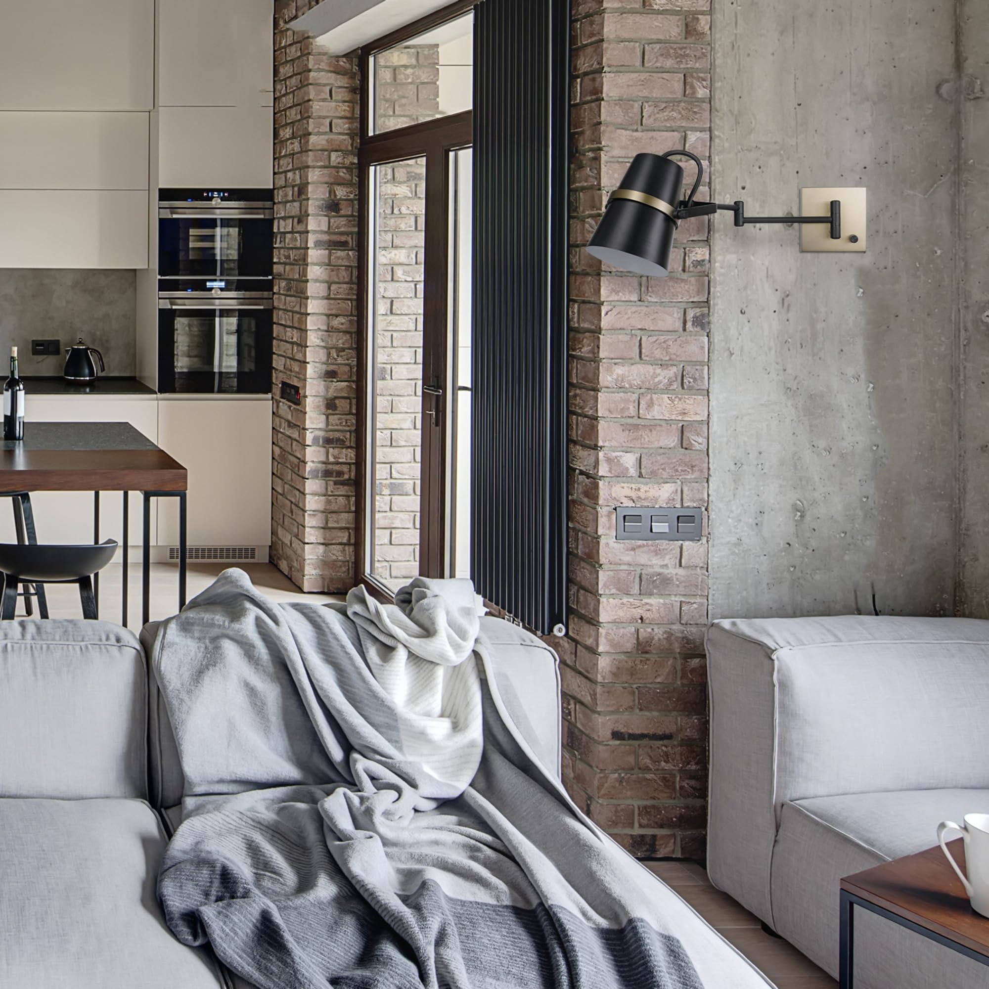 Globe Electric 51345 1-Light Plug-In Or Hardwire Swing Arm Wall Sconce, Matte Black, Brass Accents, 6Ft Black Woven Fabric Cord,