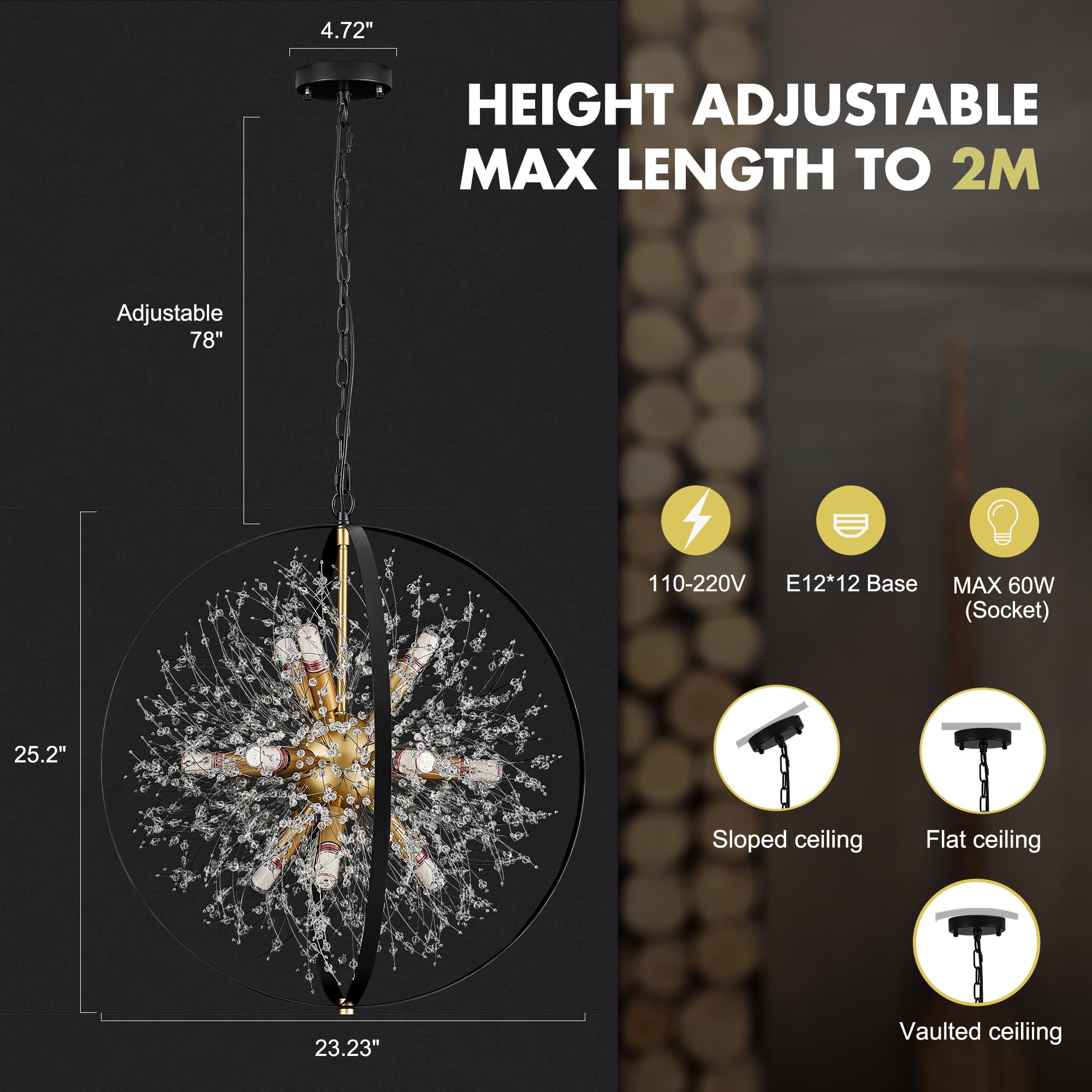 Tacdandm Modern Crystal Chandeliers Firework, 23.2'' Black Gold 12-Light Globe Dandelion Sputnik Chandelier, Hanging Pendant Lighting Fixture For Dining Room, Bedroom, Kitchen, Entryway, Foyer