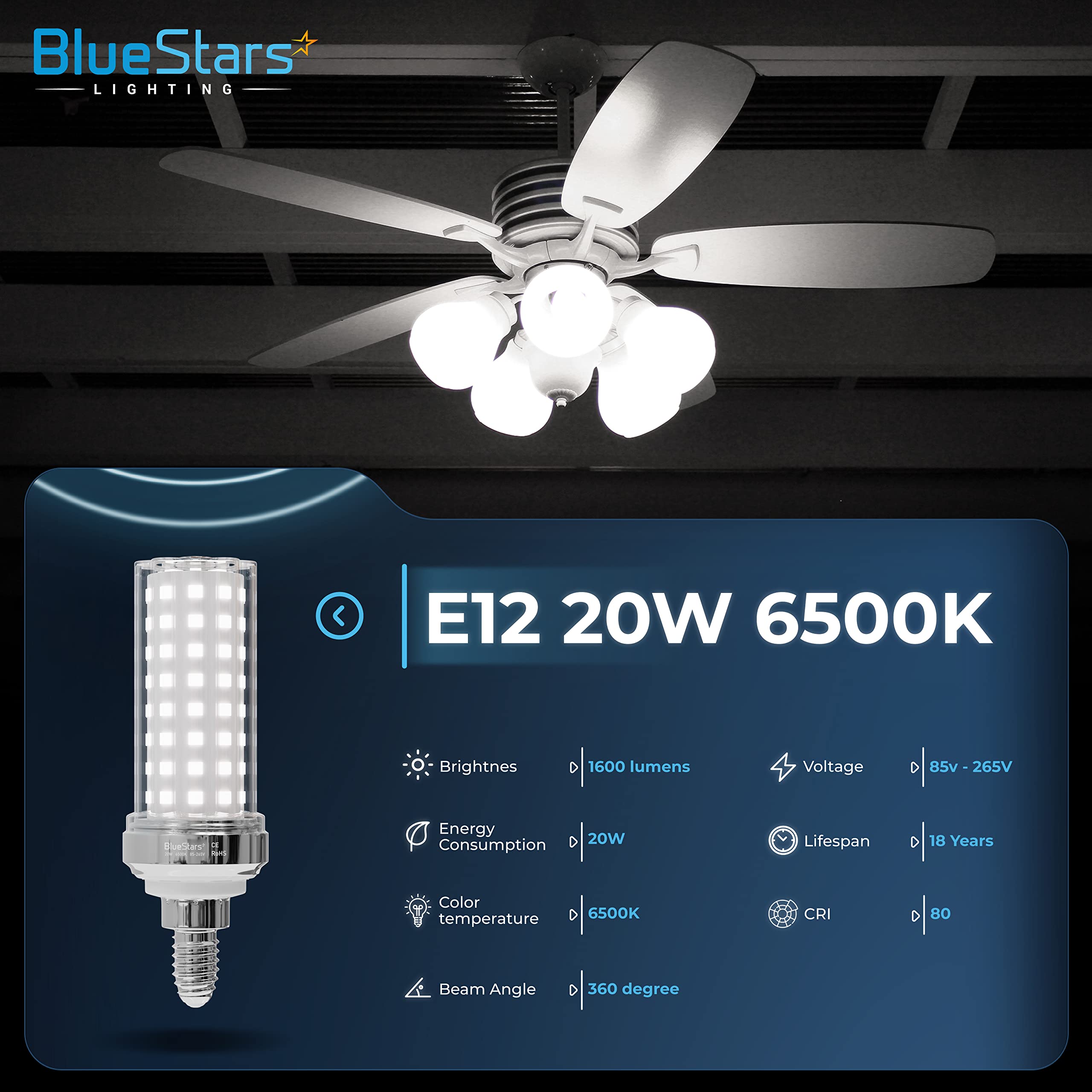 BlueStars 4 Packs E12 20W LED Corn Light Bulbs [4.5in], Candelabra Base 150W Equivalent 6500K Cool Daylight Blue White 1600 lume