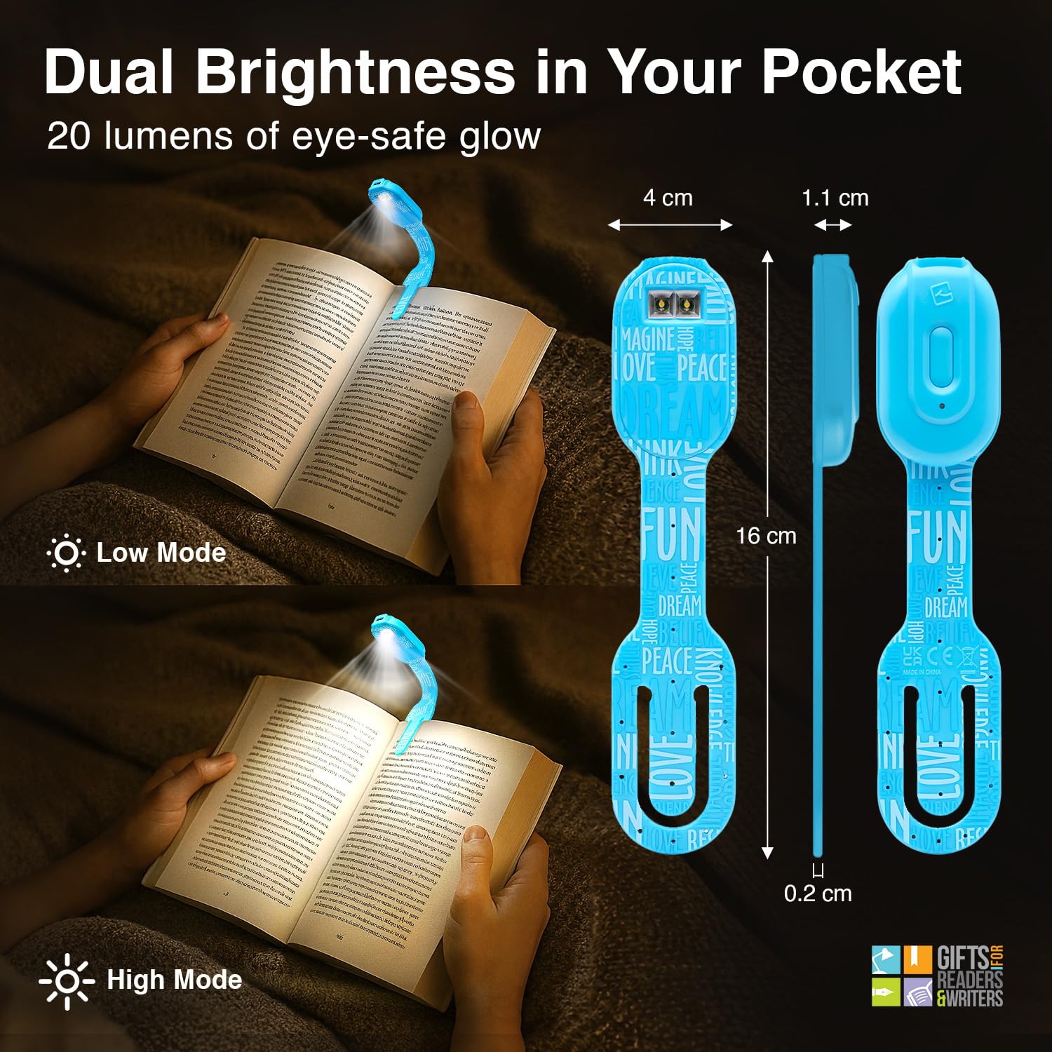 Gifts for Readers & Writers LED Reading Light | 2-in-1 Clip-On Bookmark | Rechargeable | Blue Words
