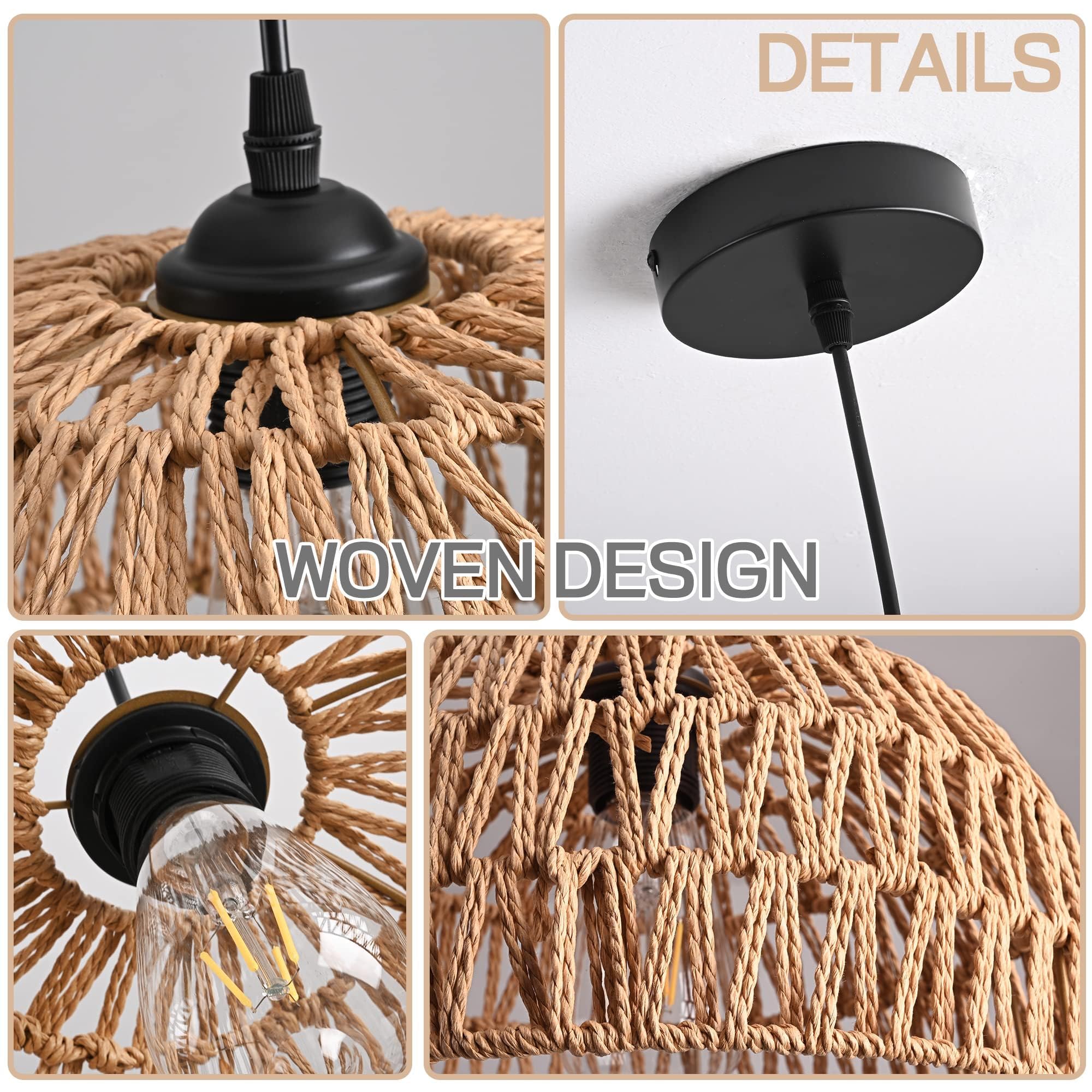 Ayshwilldec Natural Woven Hemp Rope Pendant Light Fixture, Boho Chandelier For Dining Room