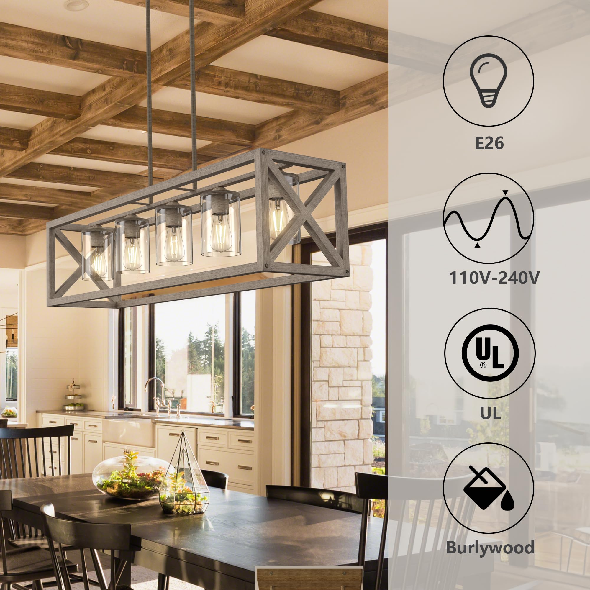 Espird 5-Light Burlywood Dining Room Chandelier with Clear Glass Shade & Adjustable Height, Model KJD-MW