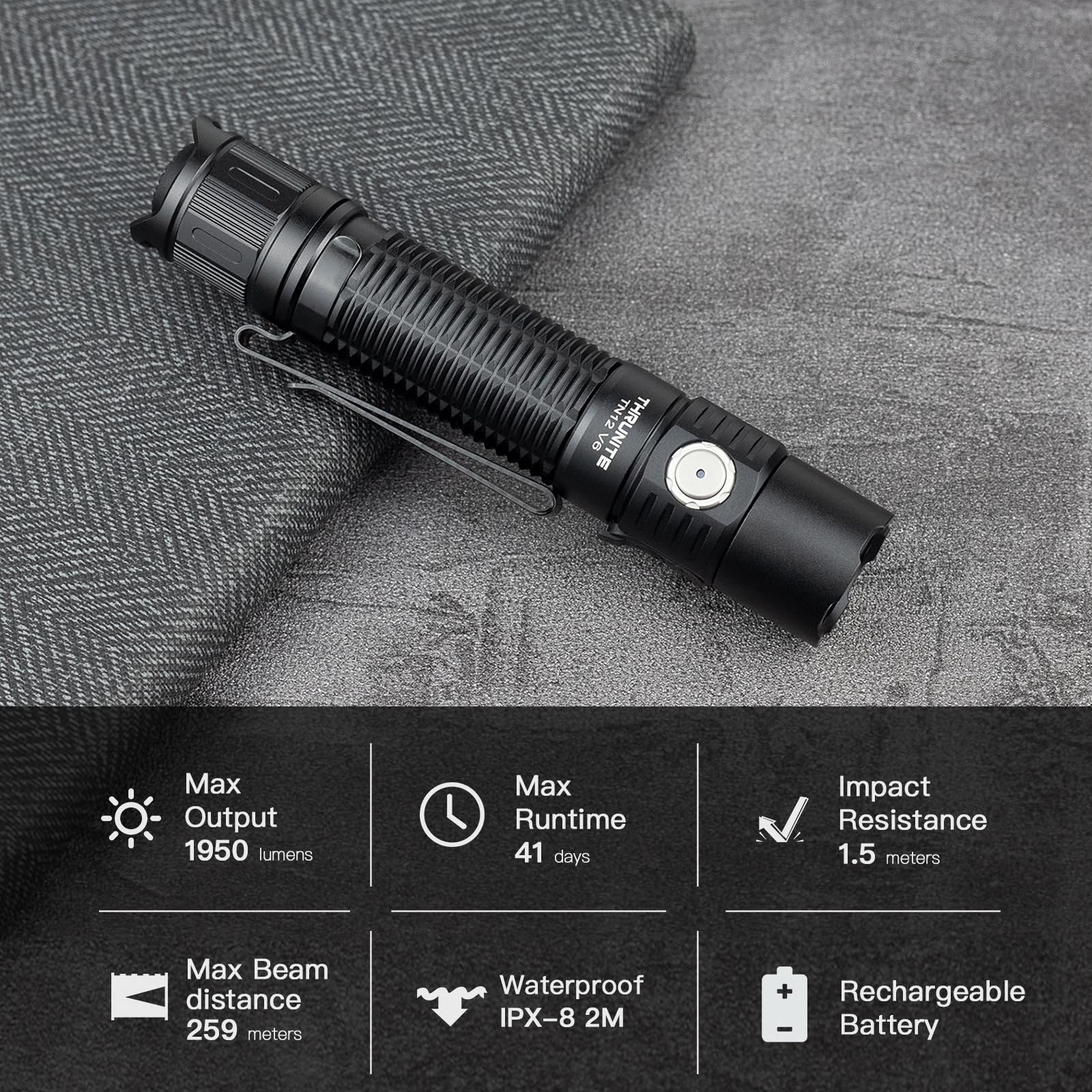 ThruNite TN12 V6 Tactical LED Flashlight, 1950 Lumens, USB-C Rechargeable, Compact for EDC & Outdoor Use (Cool White)