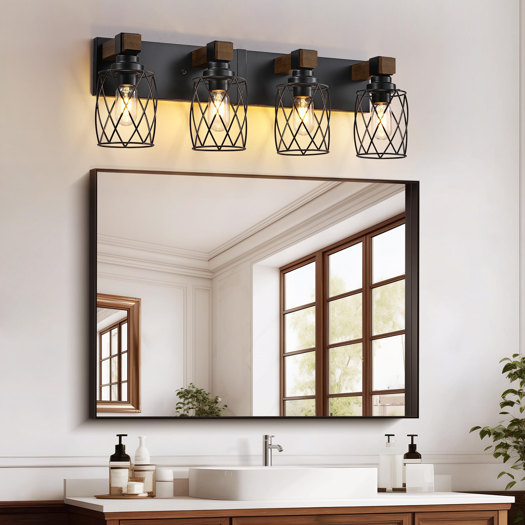 XvmBvm 4-Light Farmhouse Bathroom Vanity Light, Black Metal Fixtures for Rustic Decor, Model X3015-4