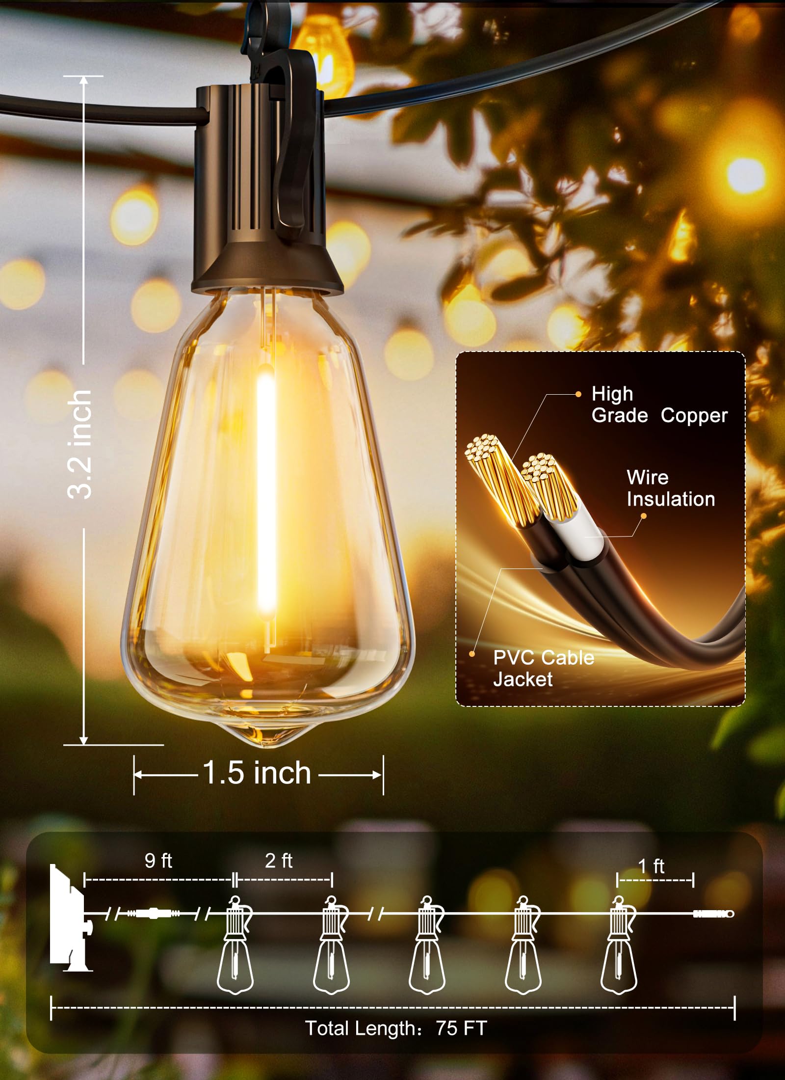 Brightown Solar String Lights Outdoor 75FT with 35 Warm White LED Bulbs, Waterproof, Remote Controlled, for Camping and Yard Decor