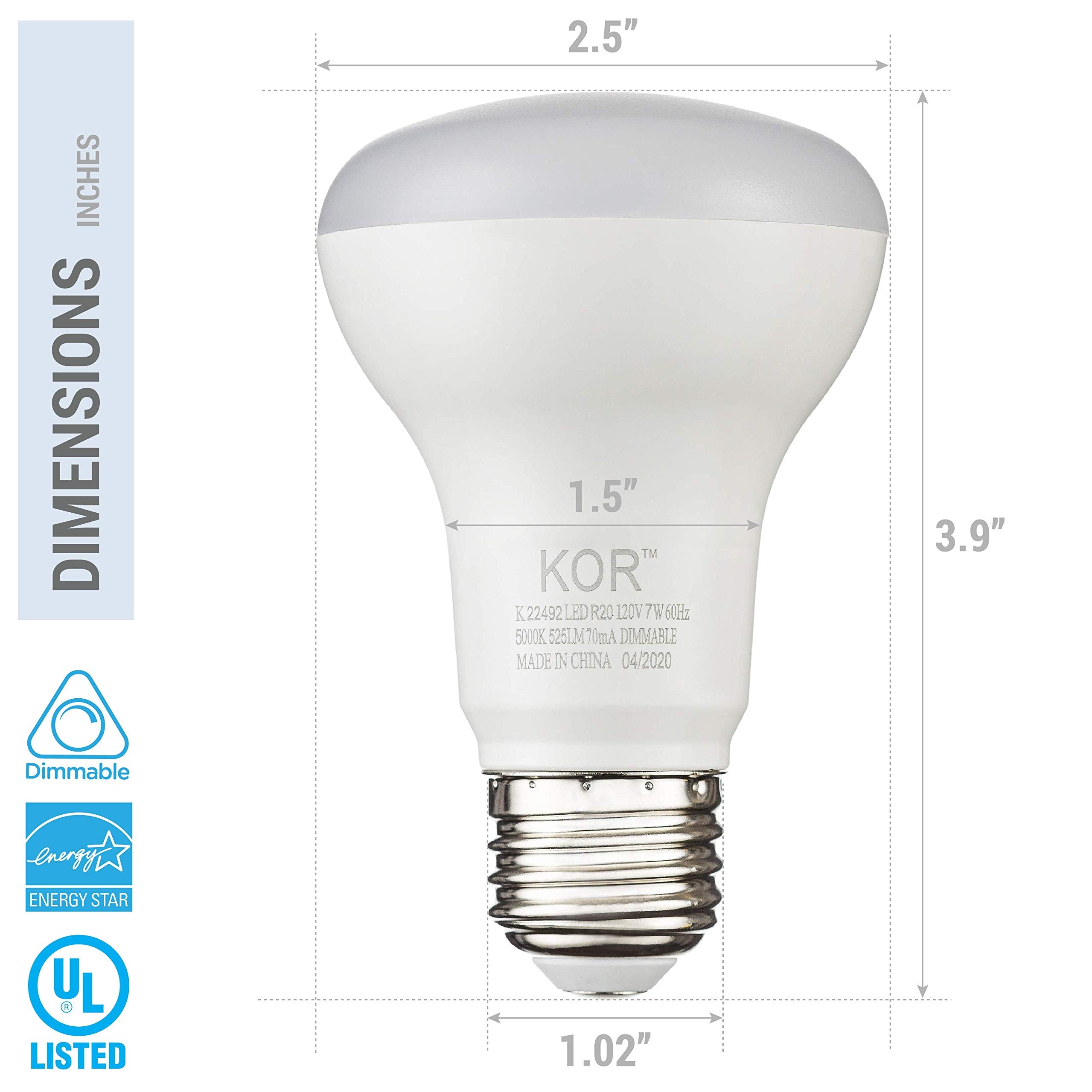 Kor (6 Pack) 7W Led R20 Reflector 5000K Bright White Light Bulb (50W Equivalent), Dimmable, 525 Lumens, Standard E26 Base, Br20