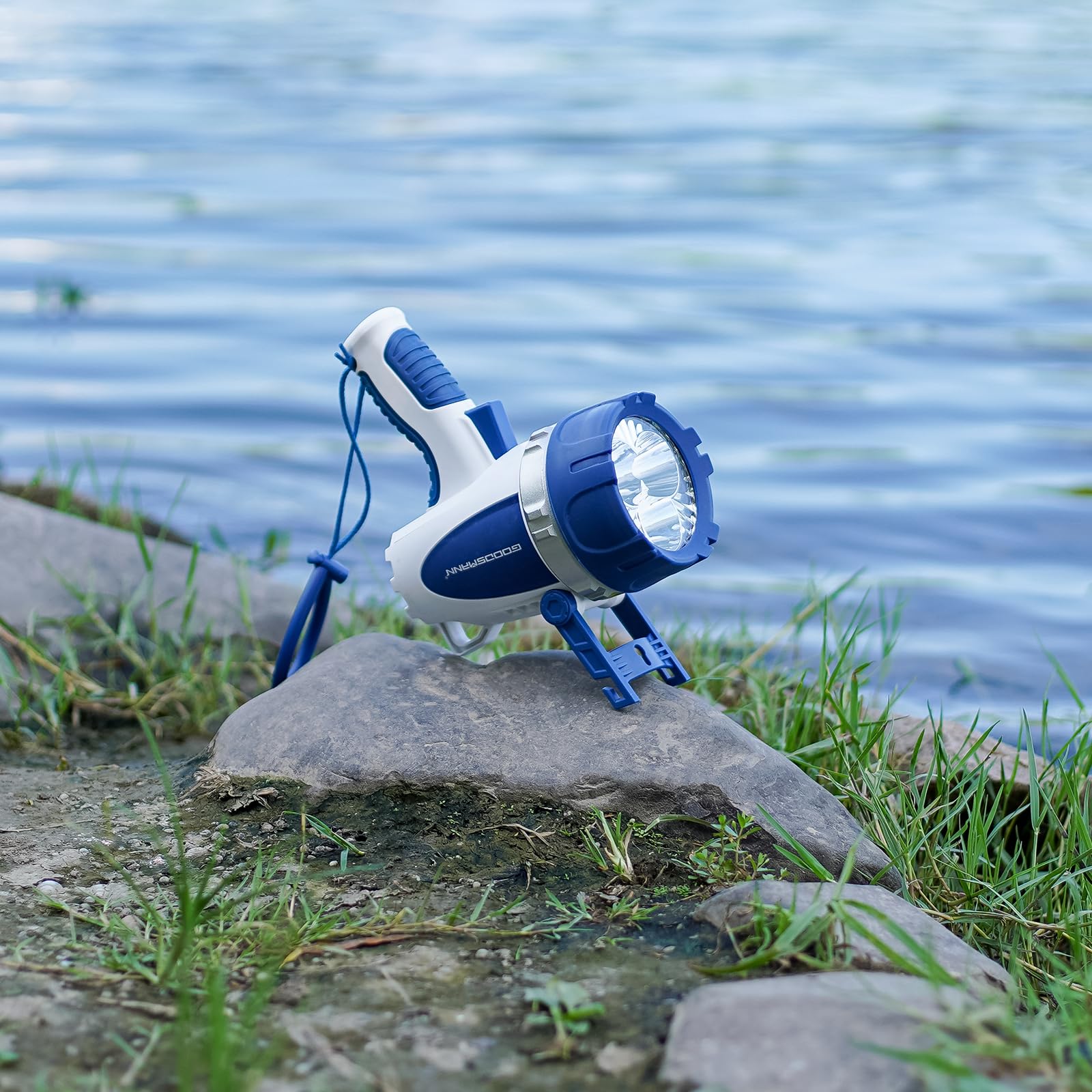 GOODSMANN Rechargeable Spotlight Flashlight 3000 Lumen IP67 Waterproof Blue & White Model 9924-H101-01 for Outdoor Hiking, Boating, Hunting