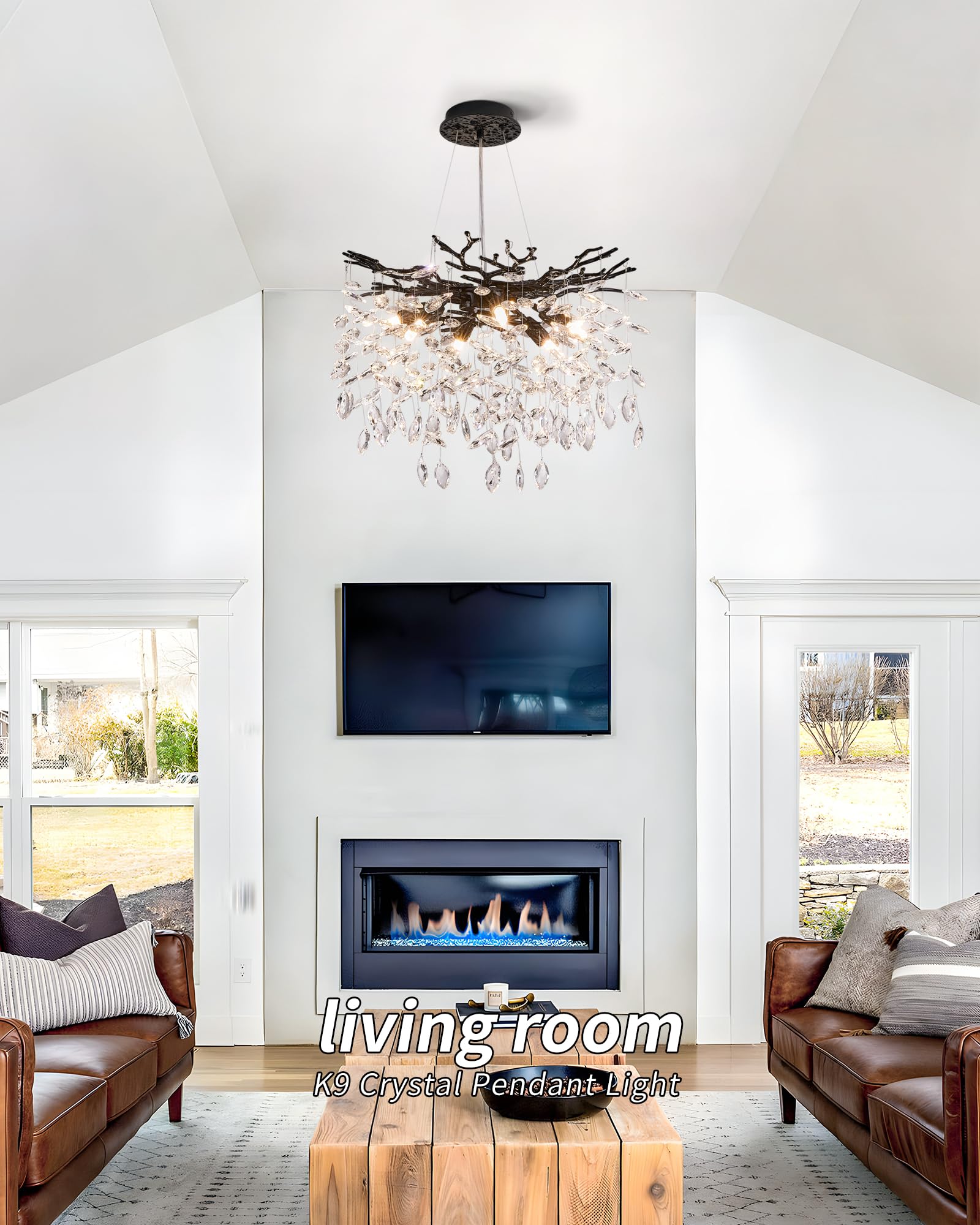 Modern Tree Branch Crystal Chandelier Luxury Black Crystal Pendant Lighting 18'' Contemporary 6-Light Chandeliers For Dining Roo