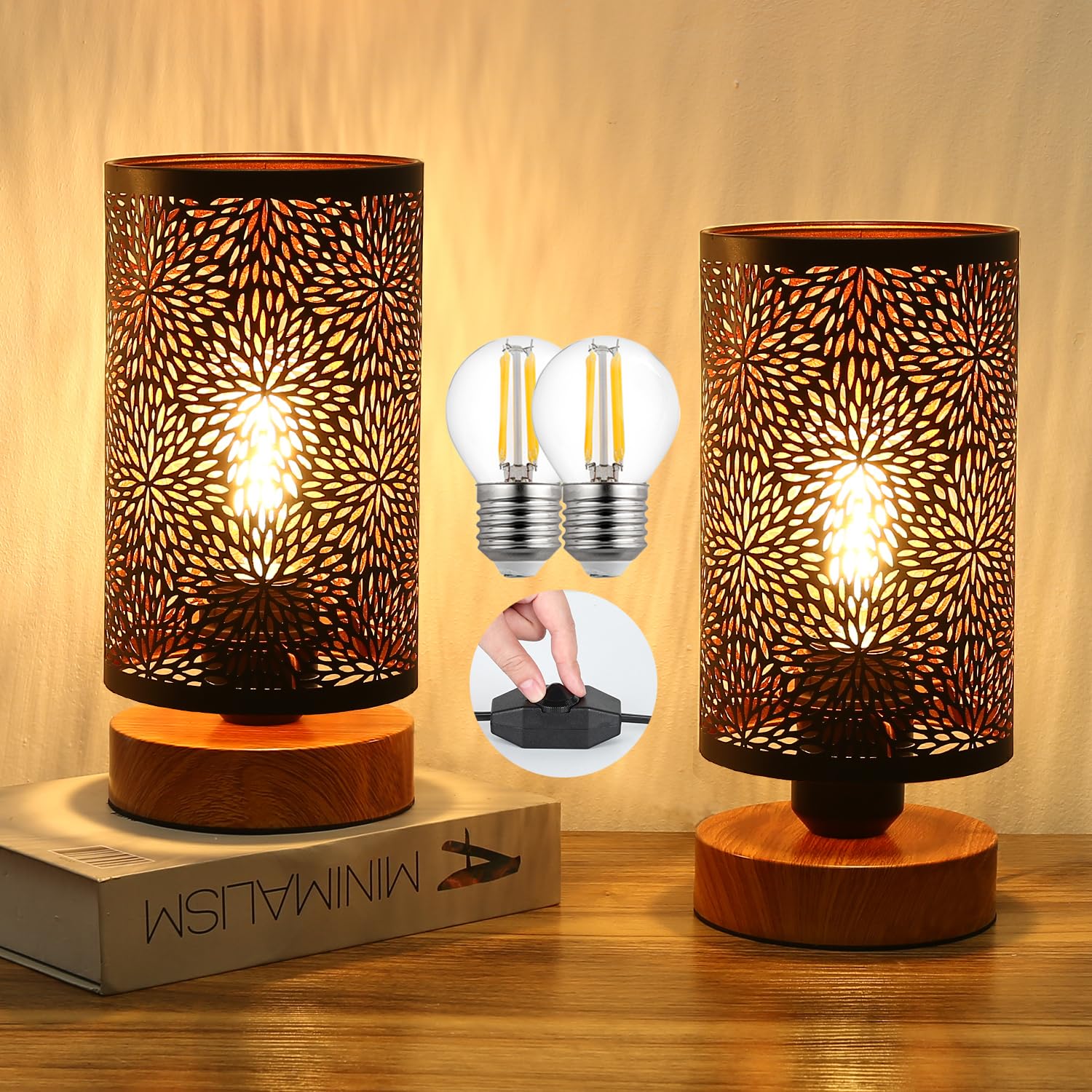 Rustic Table Lamps for Bedroom Set of 2 -Small Black Farmhouse Industrial Metal Bedside Lamps Stepless Dimmable Nightstand Lamps for Living Room End Desk Side Kids Lamp for Reading Home Decorative