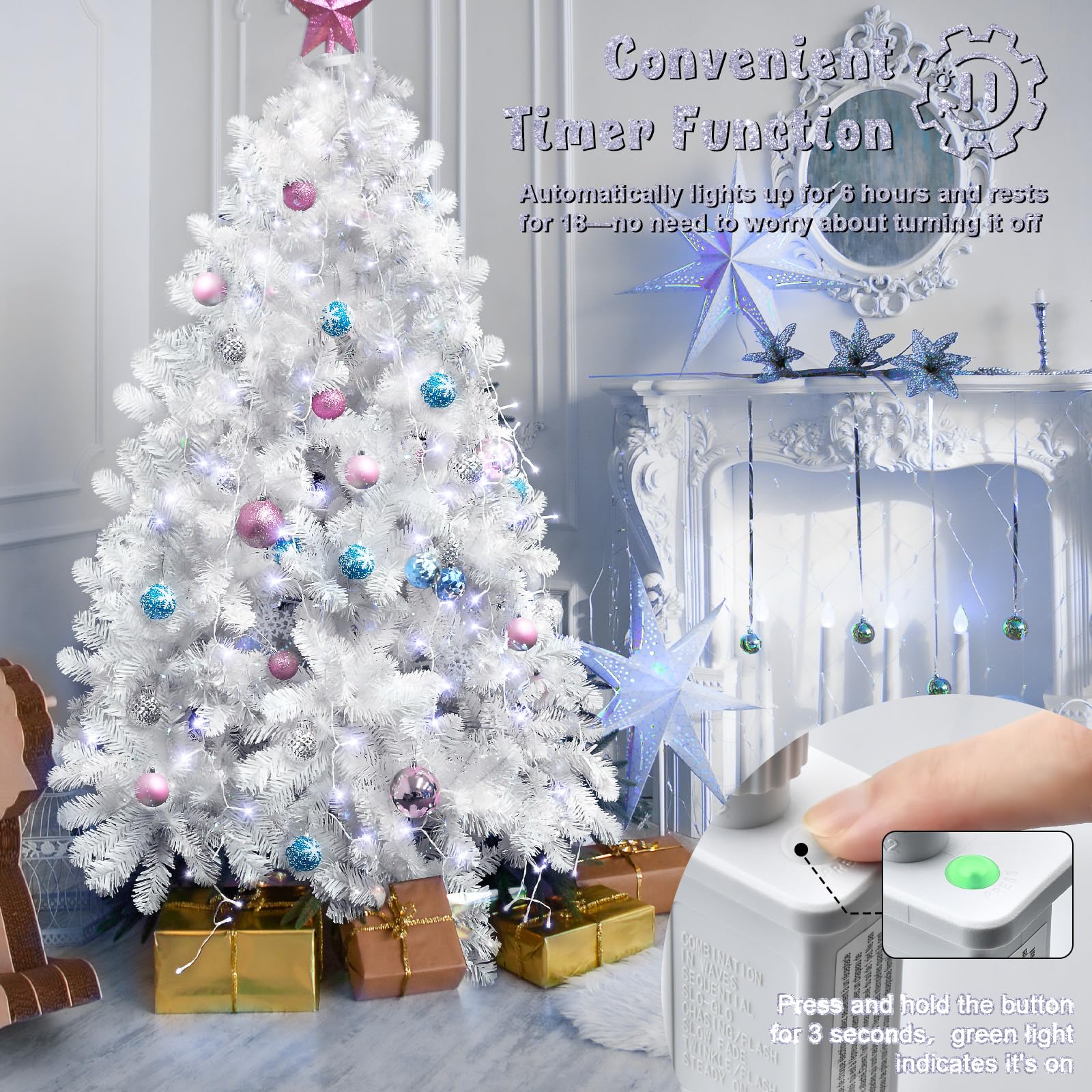 BOLWEO 400 LED White Christmas Tree Lights, 16 Lines, 8 Modes, 6ft-7ft, Cool White, UL Certified Indoor Outdoor Holiday Decor