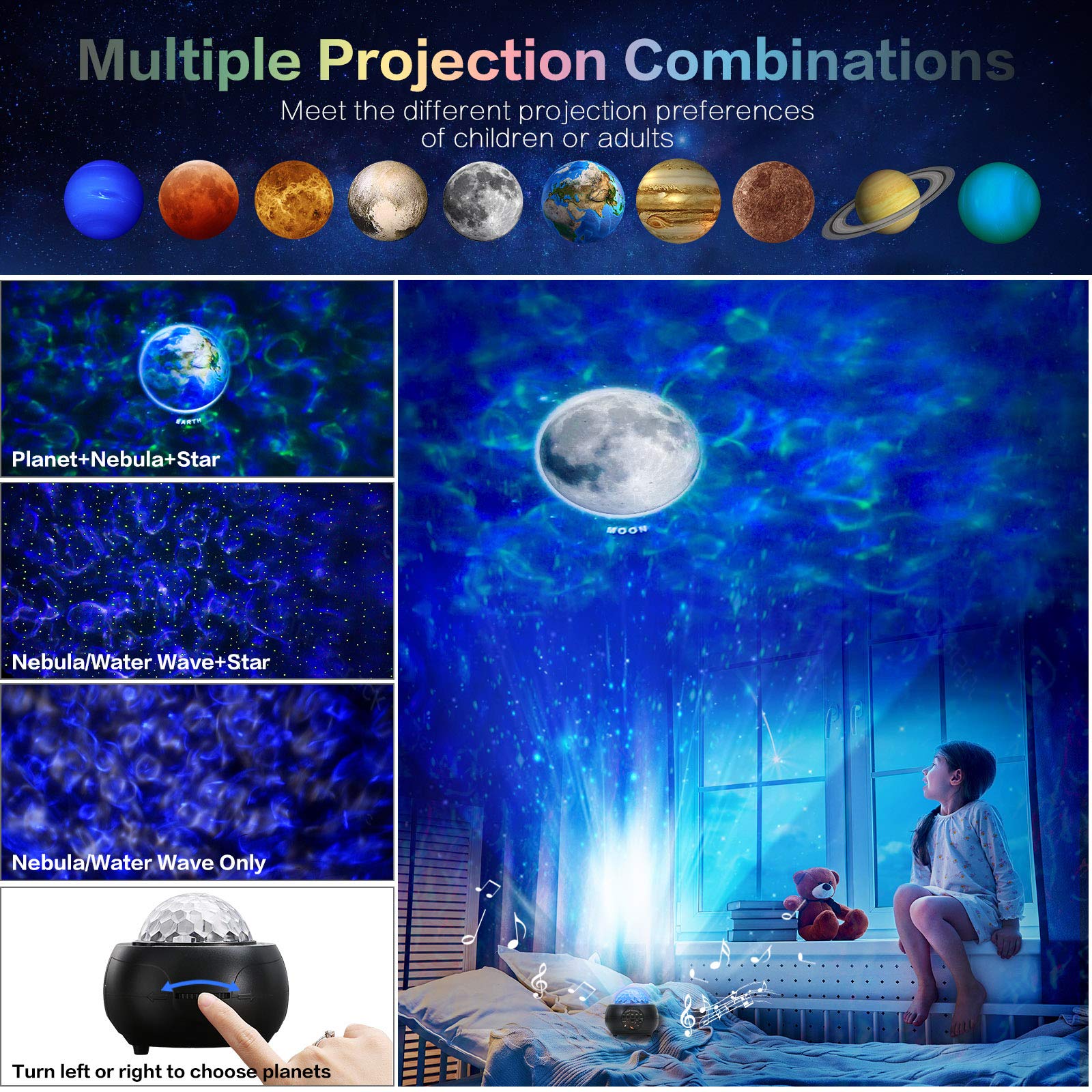 Rcmo Galaxy Projector - Star & Planet Night Light With Remote & Bluetooth Speaker For Kids