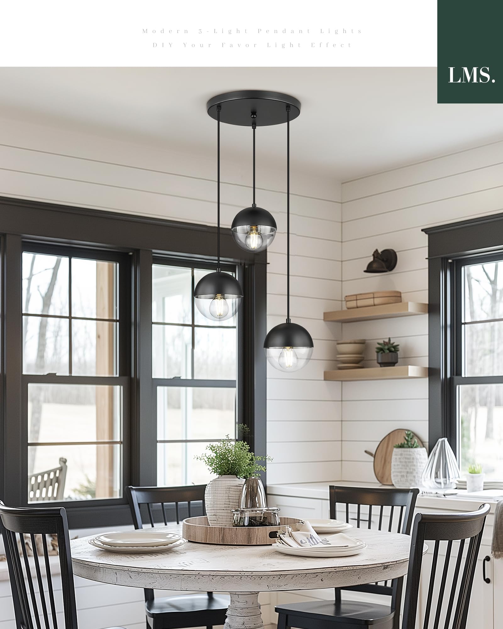 Lms Modern 3-Light Cluster Pendant Lights, Matte Black Kitchen Island Light Fixtures With Clear Globe Glass Shade, Adjustable Ha