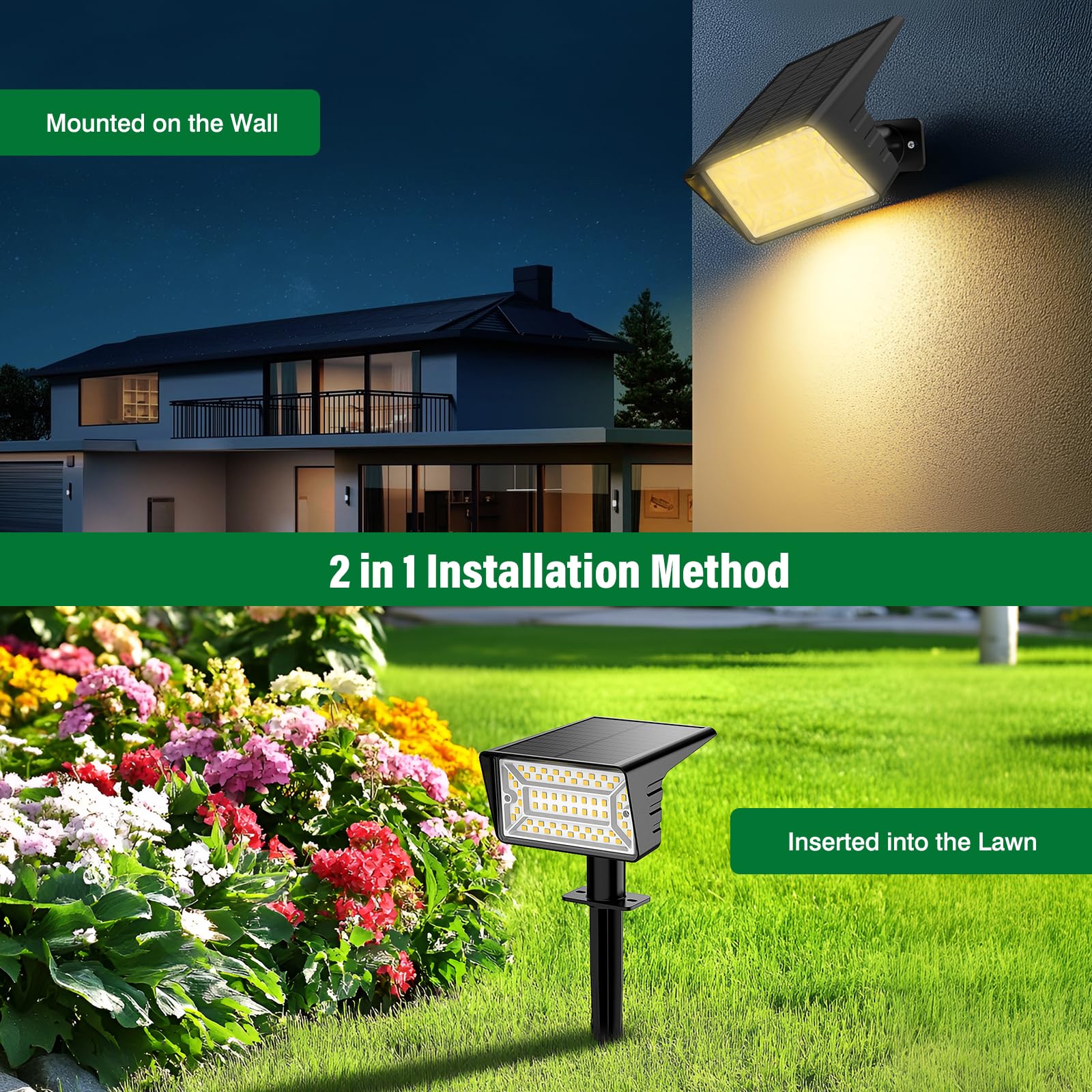 LAMKEEP Solar Spot Lights Outdoor, 60 LED, 2 Pack, Auto On/Off, IP68 Waterproof, Warm White, 3 Lighting Modes, Model HX-SL001D