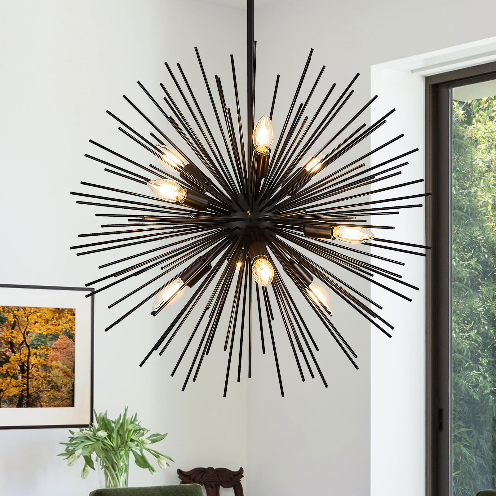 Fookchak 24In Black Sputnik Chandelier 9-Light Starburst Chandelier Light Fixture Solid Metal Mid-Century Modern Satellite Light