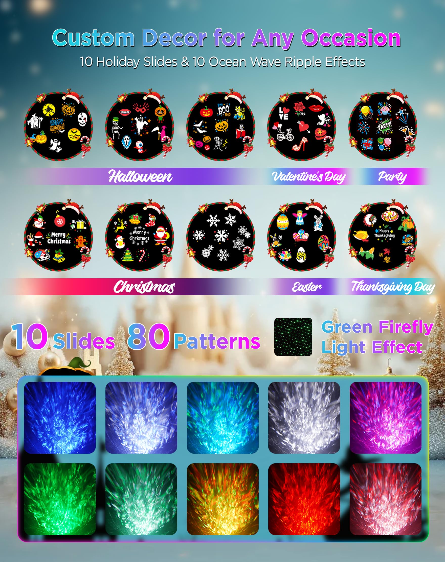 jepwe Christmas Projector Lights - Waterproof, 10 Slides, 8 HD Patterns, Firefly & Ocean Wave Effects, Model SE508-012-10K-US