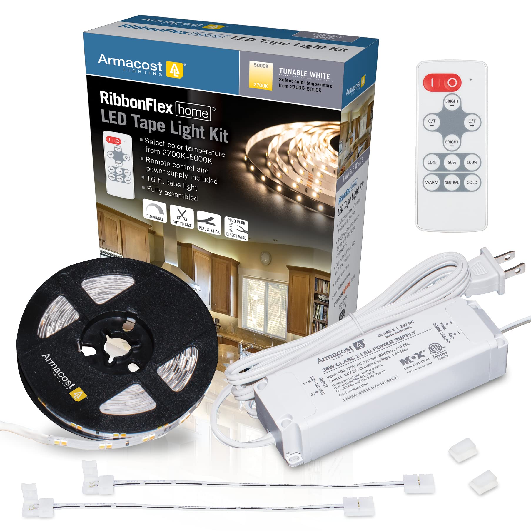 Armacost Lighting LED Tape Light Kit, Tunable White 2700K-5000K, 16 ft, Model 421501, White, Remote Control, Plastic