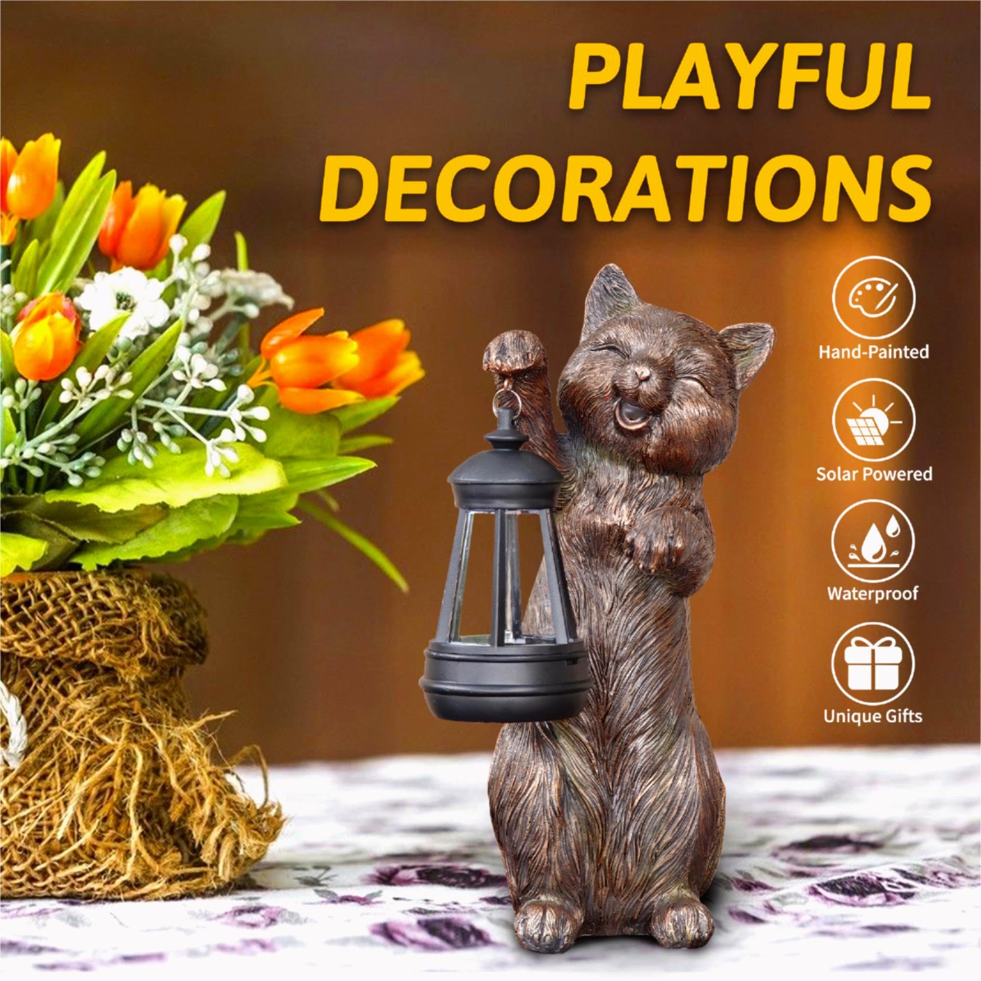Chuangfeng Outdoor Cat Garden Statue: Solar Garden Decor With Led Lantern Patio Yard Lawn Decorations Cat Lover Gifts For Women