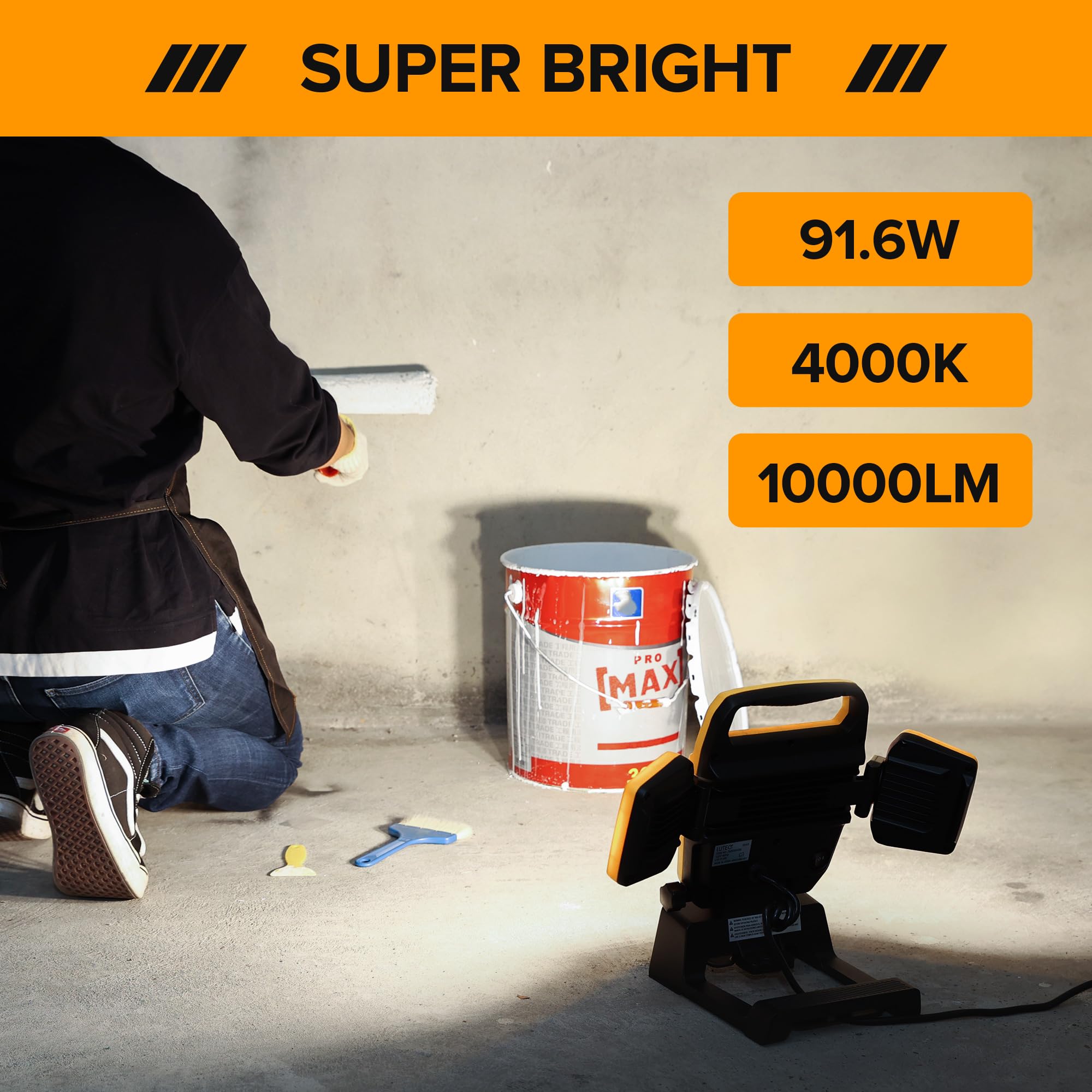 Lutec 91.6W 10000 Lumen Led Work Light, Foldable Work Lights With 3 Adjustable Head, Portable Corded Construction Lights Job Sit