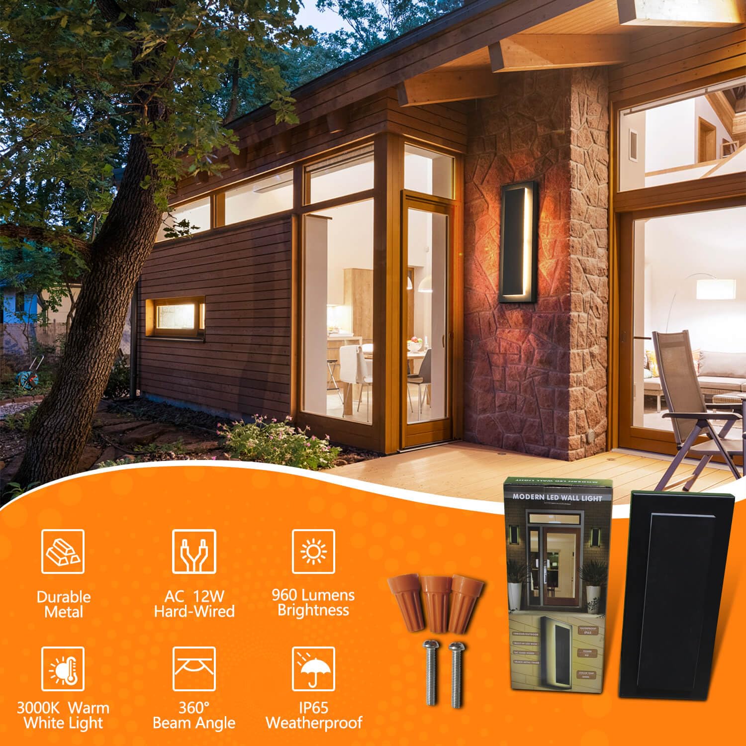 Tewei Modern Led Outdoor Wall Light - Black 15.7'' Sconce, Warm White 3000K, 360° Beam