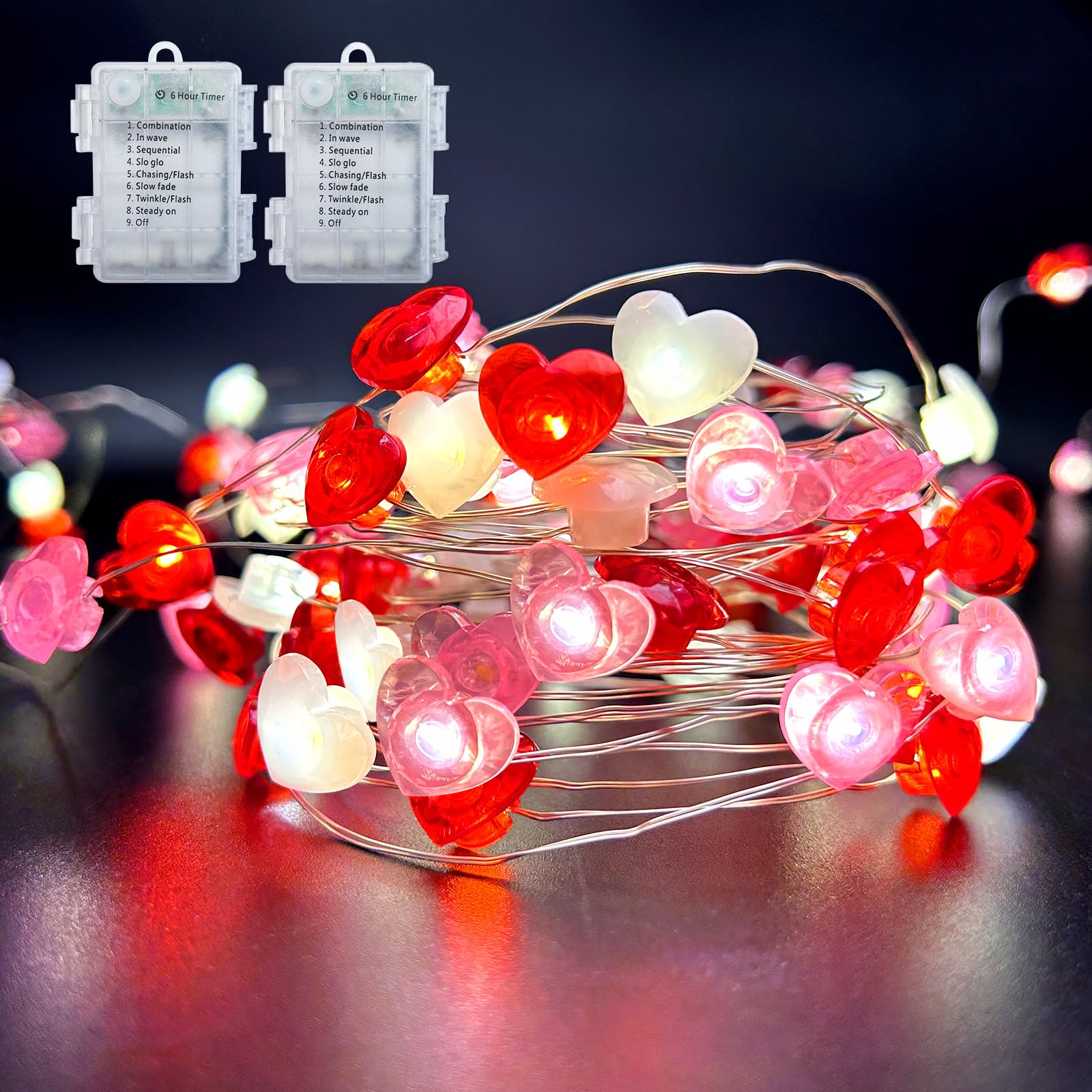 Valentines Day Decorations Lights 2 Pack Total 28FT 80LED Red Pink White Heart Fairy String Lights Battery Operated Timer 8 Mode