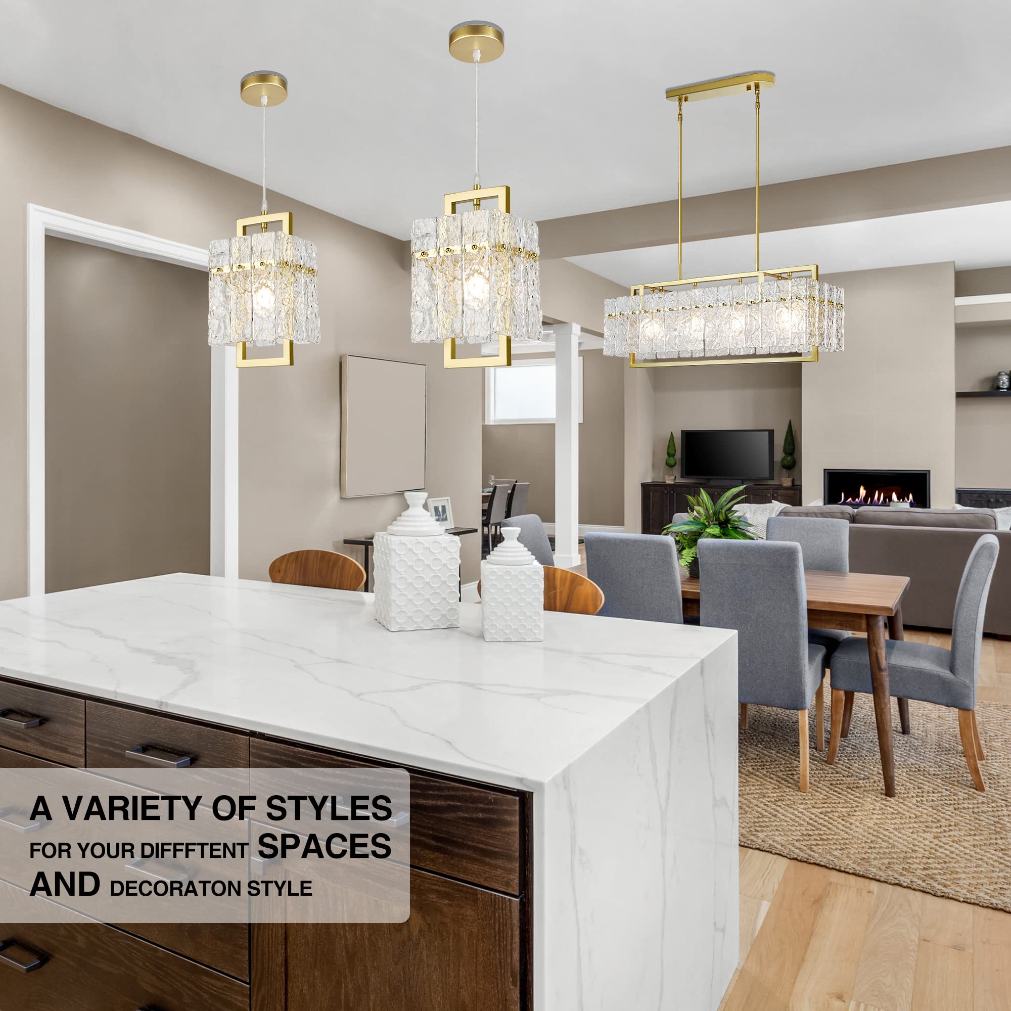 Gold Crystal Pendant Light For Kitchen Island, Luxury Water Ripple Glass Chandelier Lights Fixture, Modern Elegant Adjustable Pe