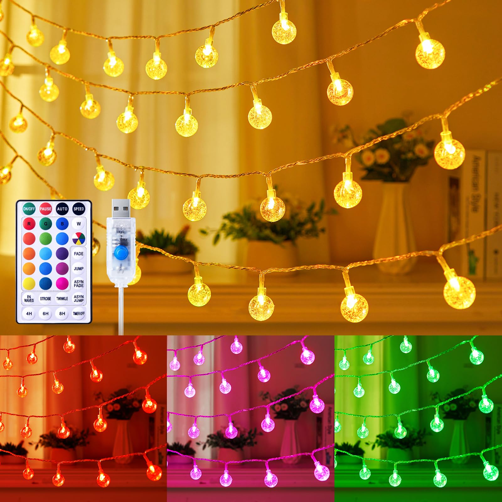 Minetom USB Globe String Lights - 33 ft 100 LED Color Changing Globe Fairy Lights with Remote and Timer, 16 Single Colors and 7 Modes Twinkle Lights for Bedroom Dorm Tent Bed Patio Christmas Party