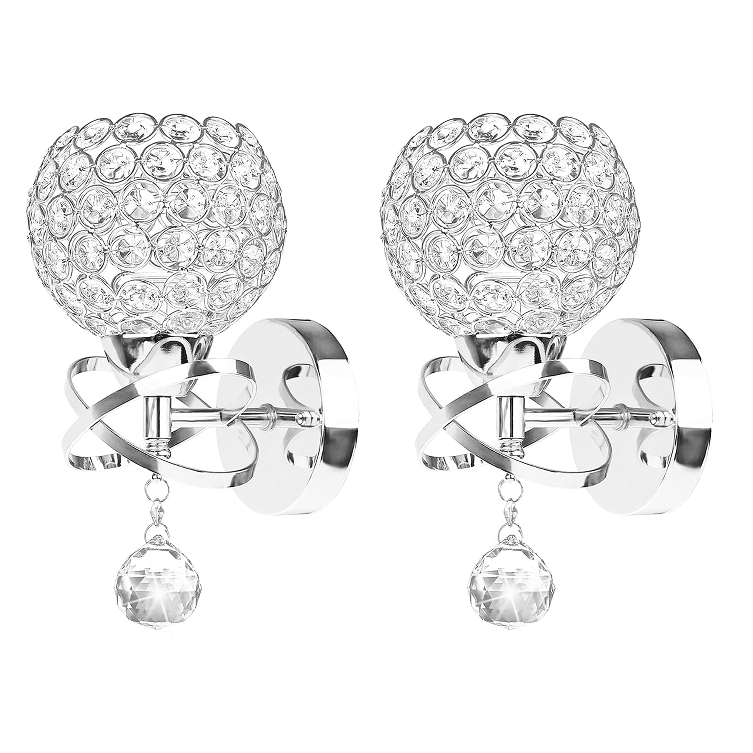 TISLYCO Wall Sconces Set of Two, Modern Silver Metal Lighting with Crystal Balls for Bedroom, Living Room, Hallway