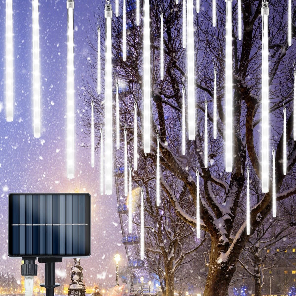 Flacchi Solar Meteor Shower Icicle Lights - 20 Tubes 480 LED, Waterproof Christmas Decorations, Cool White, Model YZ69SS002