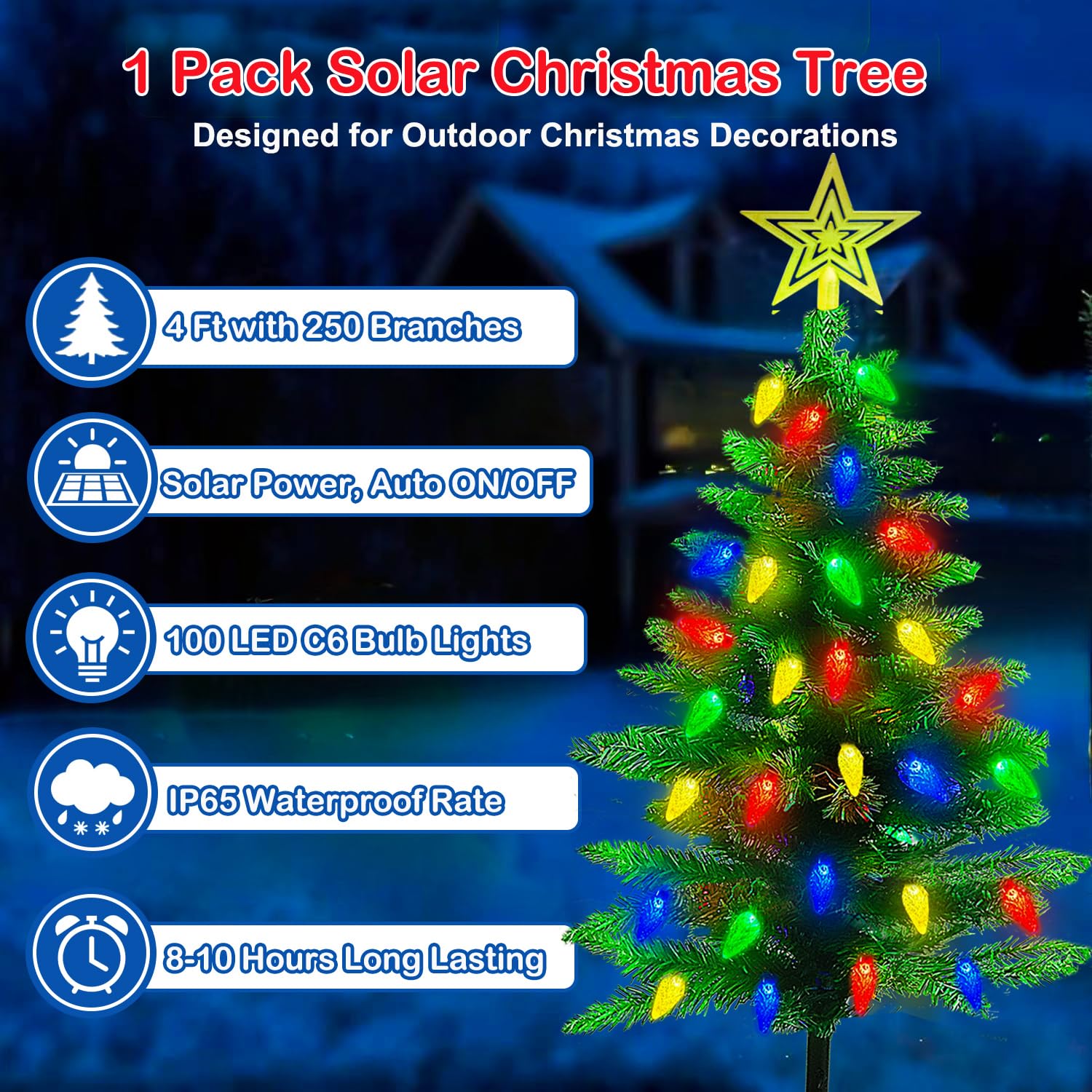 4Ft Solar Christmas Tree Christmas Decorations Outdoor  250 Branch Small Xmas Tree With 100 Led C6 Lights  Waterproof Solar Christmas Lights For Porch  Pathway  Yard  Cemetery  1 Pack