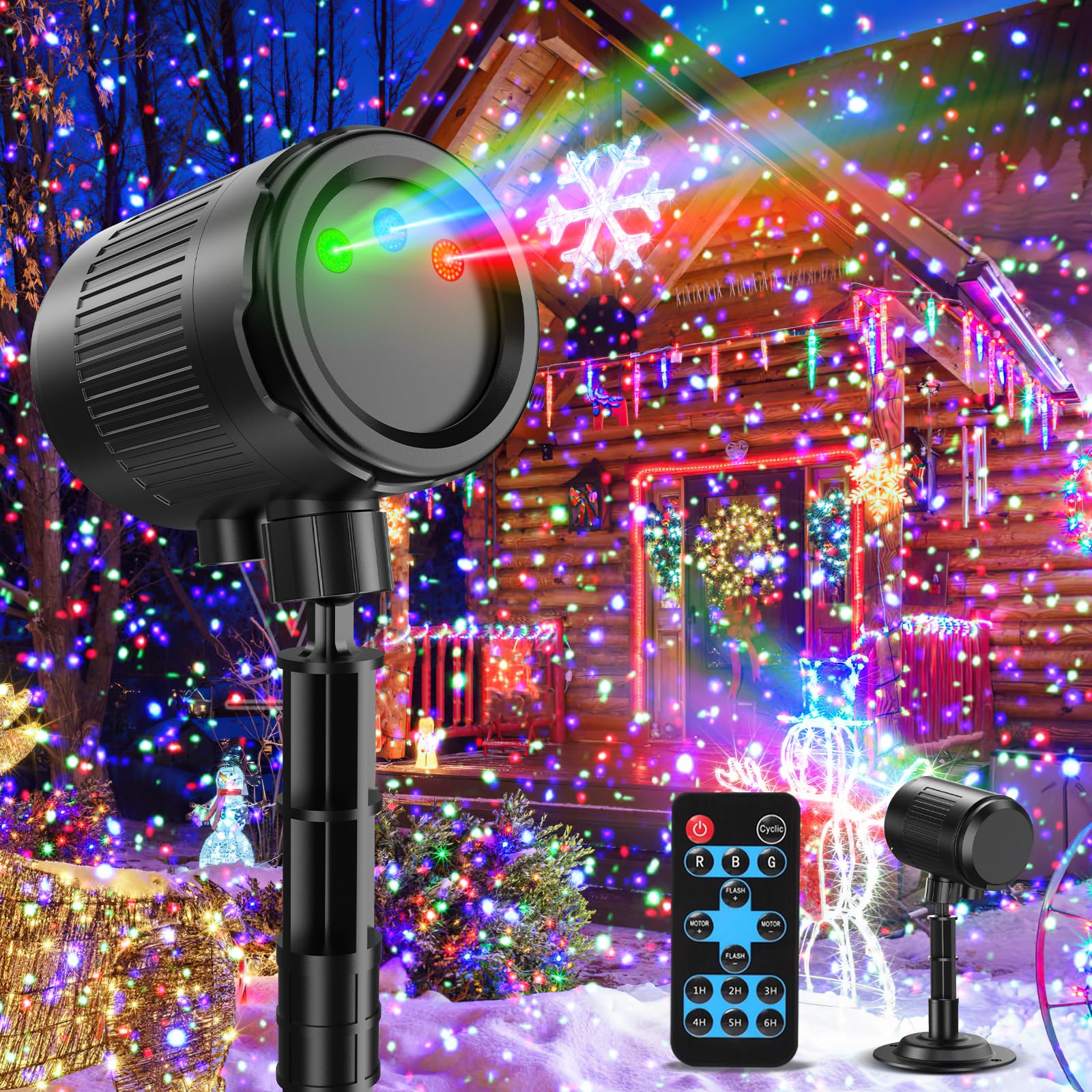 Laser Christmas Projector Lights Outdoor, 3 Color Laser Projector Light, Moving Firefly Lights Show w/Remote & Timer, Waterproof
