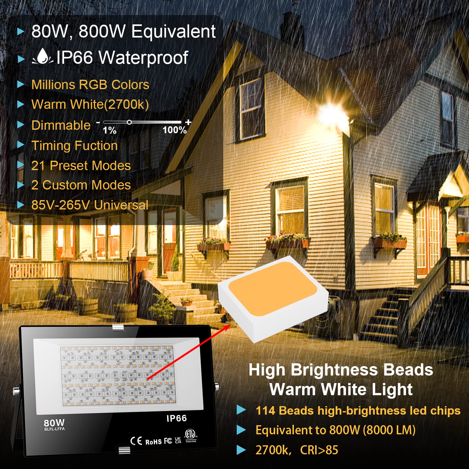 Neliwo LED Flood Light 800W Equivalent Bluetooth RGB Spot Light 4-Pack, IP66 Waterproof, Smart Control, Warm White 2700K