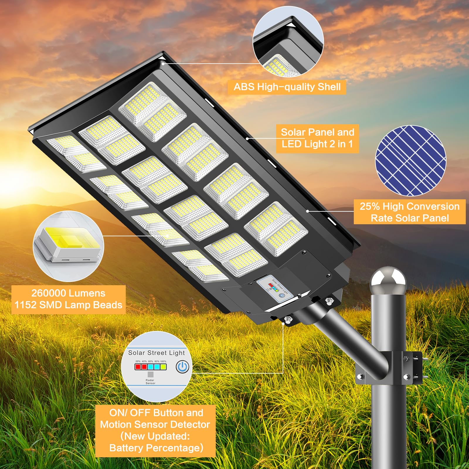 Deepn Solar Street Lights - 3200W, 300000 Lumens, Dusk to Dawn, Motion Sensor, IP66 Waterproof, Black, 2 Pack