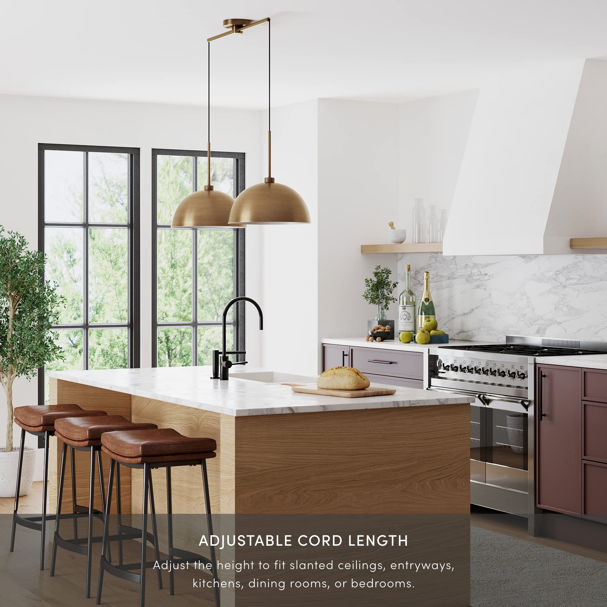 Nathan James Percy Modern 2-Light Pendant Island Light Fixture, Brass Hanging Lights With Gold Metal Shade And Adjustable Cord,